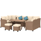 6 Piece Patio Furniture Set, PE Wicker Outdoor Furniture Conversation Set with 3 Sofas, 2 Ottomans and Slatted WPC Top Dining Table, All Weather Sectional Sofa Couch with Pillows, Khaki