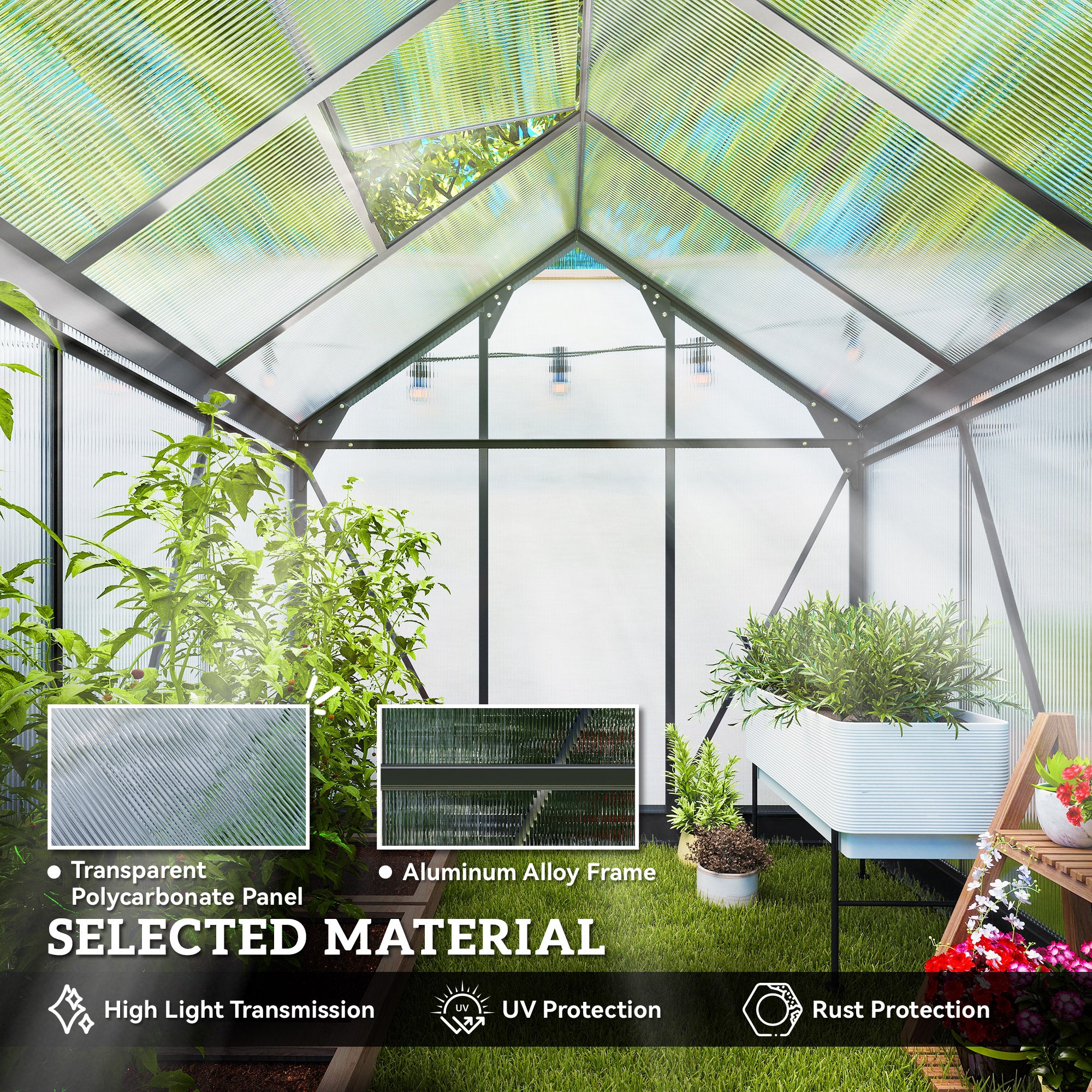 Polycarbonate Greenhouse, Heavy Duty Outdoor Aluminum Walk-in Green House Kit Vent Door, 6.2'x6.2'x6.6' Gray