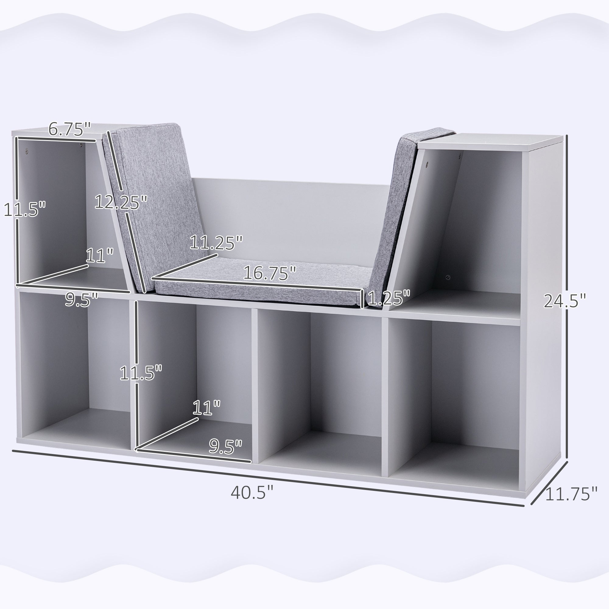 6-Cubby Kids Bookcase with Reading Nook and Cushion, Multi-Purpose Storage Organizer for Bedroom, Living Room, Grey