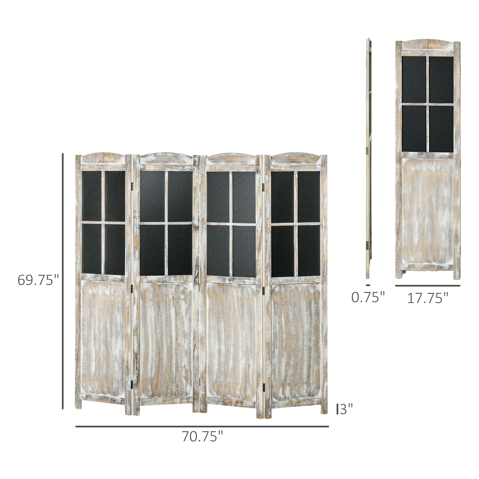 4 Panel Room Divider, 5.6' Tall Farmhouse Style Folding Indoor Portable Wood Privacy Screen with Black Boards, Hinged Freestanding Partition Wall Dividers for Home Office, Natural