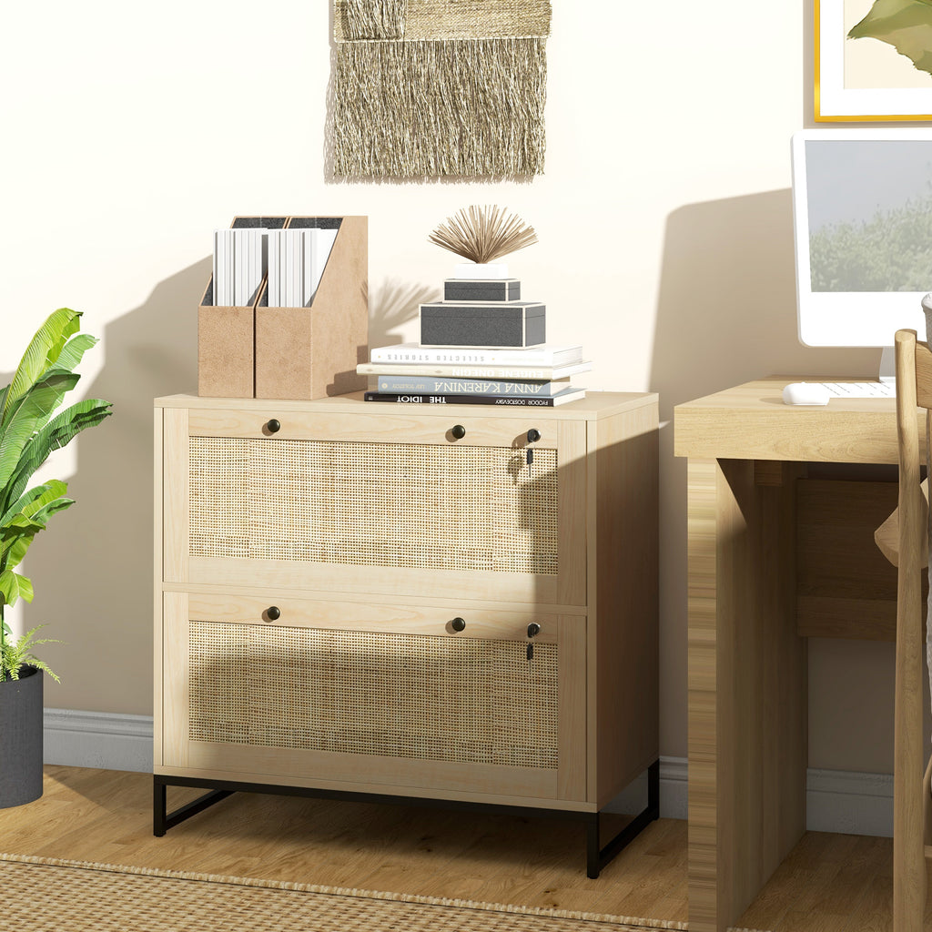 Lockable Filing Cabinet, Boho 2 Drawer File Cabinet with Adjustable Hanging Bar for Letter, A4 and Legal Size, Natural