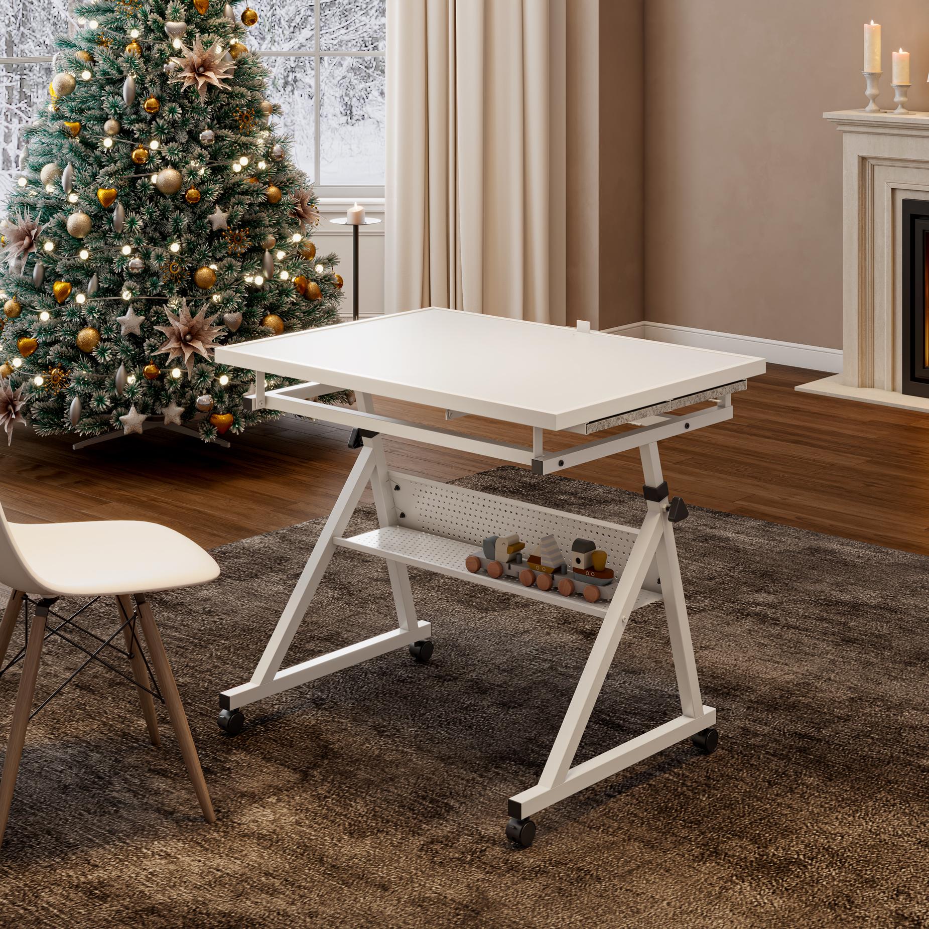 1500-Piece Jigsaw Puzzle Table with 4 Felt Storage Trays, Locking Casters, Drawing Desk with Wooden Cover, 35.5" L x 23.5" W x 29.5" H, White