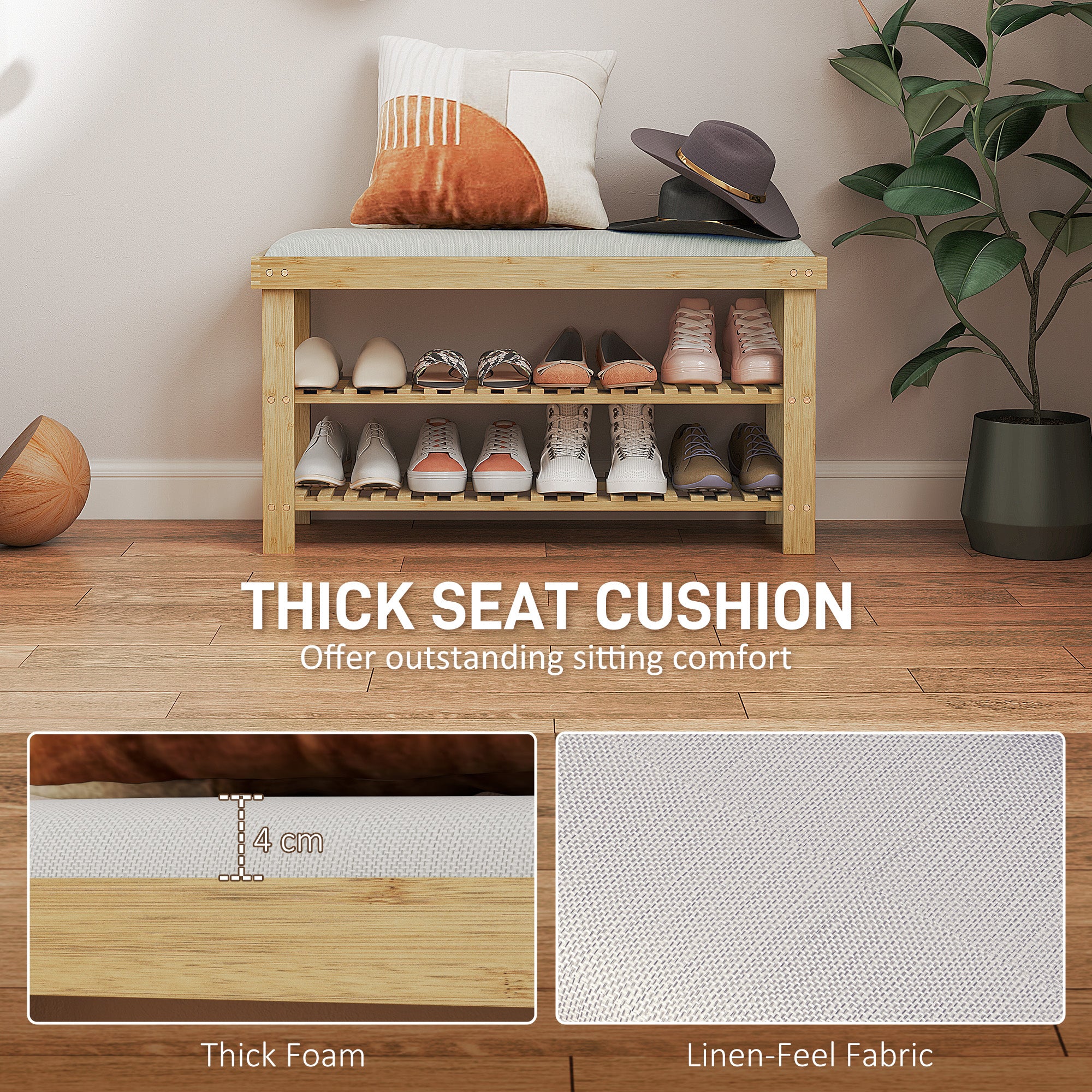 Bamboo Shoe Storage Bench, 3-Tier Entryway Bench with Cushion, Shoe Organizer for Entryway, Hallway, Natural