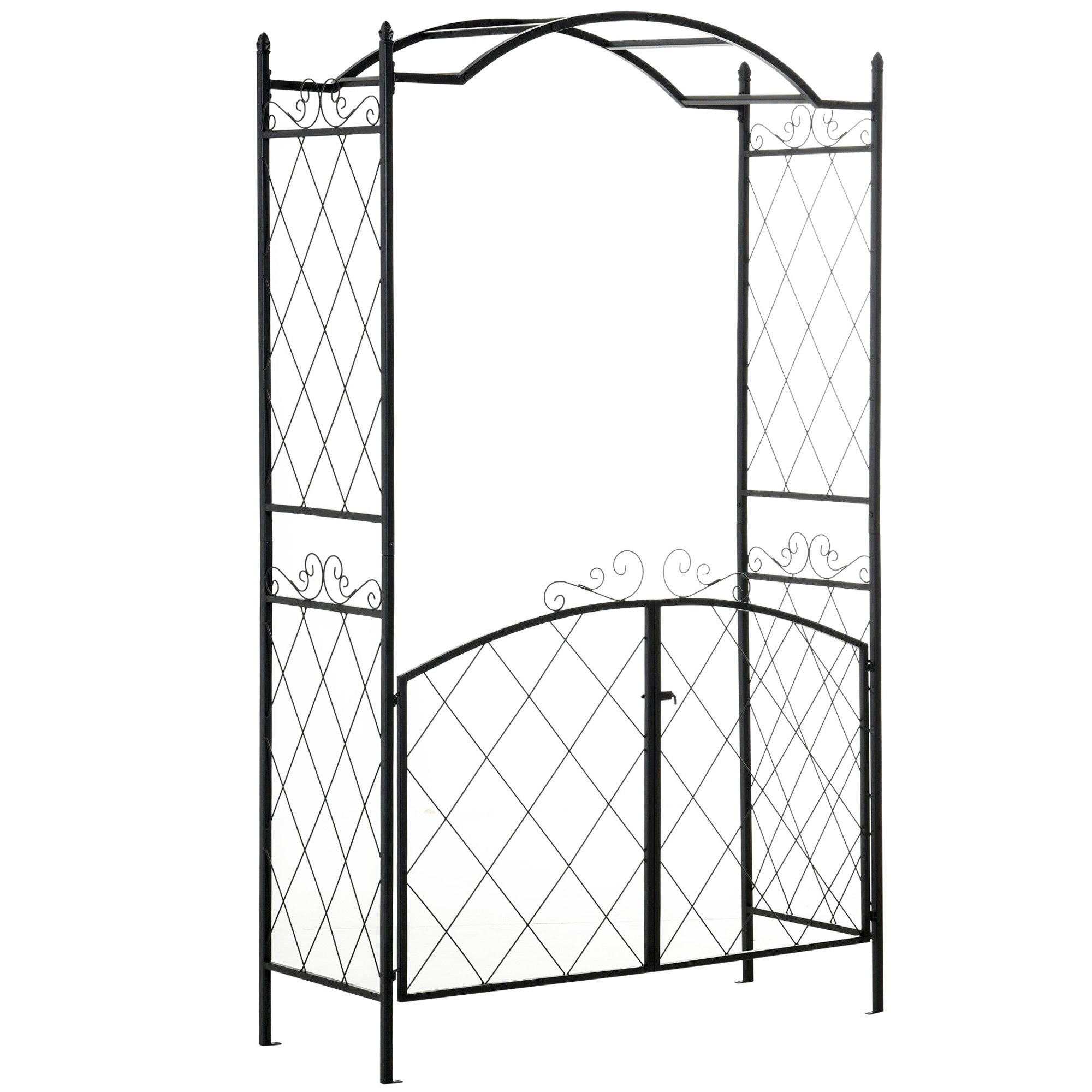 85" Garden Arch Arbor, Metal Arch Trellis with Gate, Garden Archway for Climbing Vines, Wedding Ceremony Decoration, Black