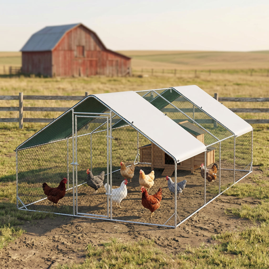Large Chicken Coop Metal Chicken Run with Waterproof and Anti-UV Cover, Spire Shaped Walk in Fence Cage Hen House for Outdoor and Yard Farm Use, 1" Tube Diameter, 9.8' x 26.2' x 6.6'