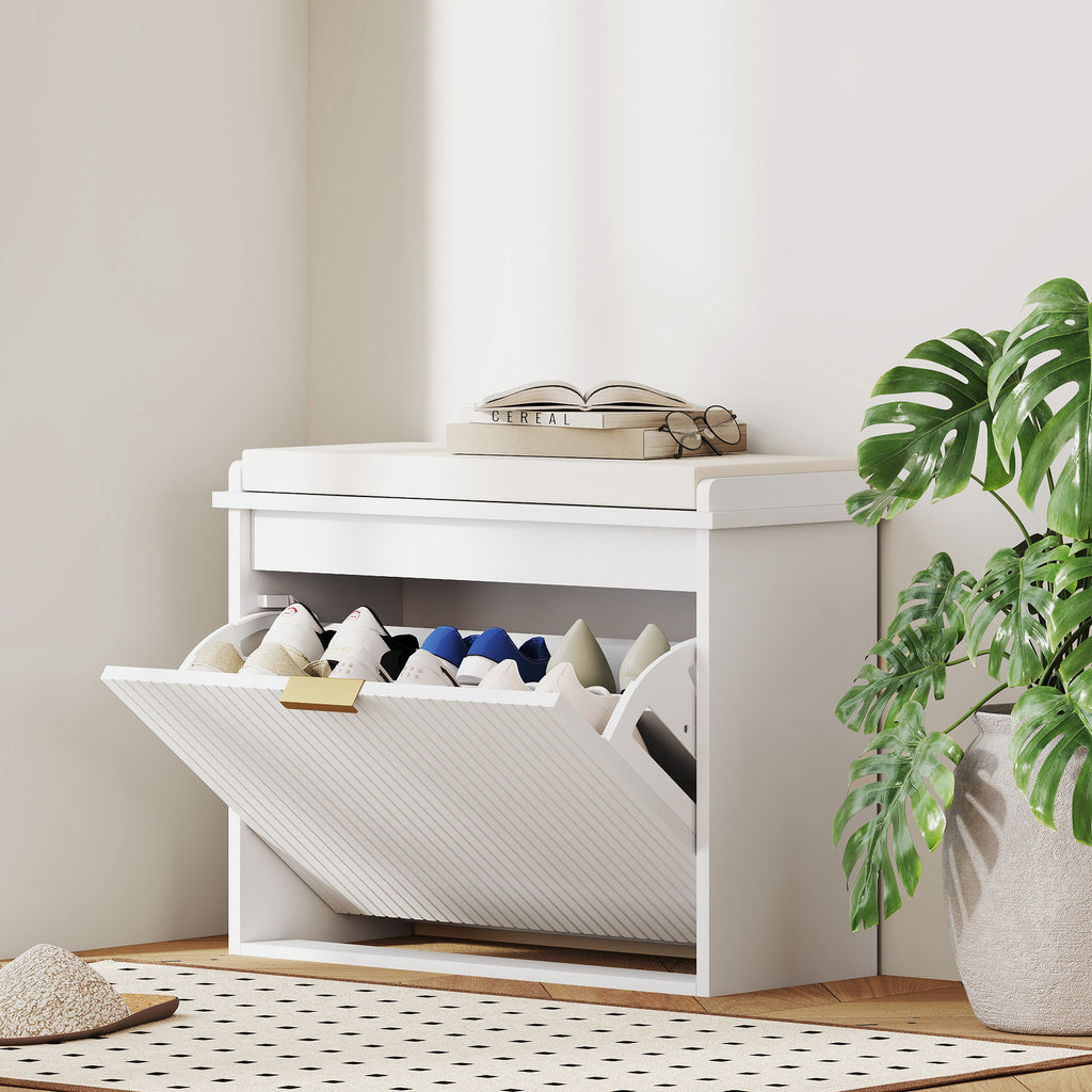 Shoe Storage Bench with Padded Seat Cushion and Flip-Drawer, Entryway Bench, Shoe Cabinet, 24.4x10.2x18.7 Inches, White