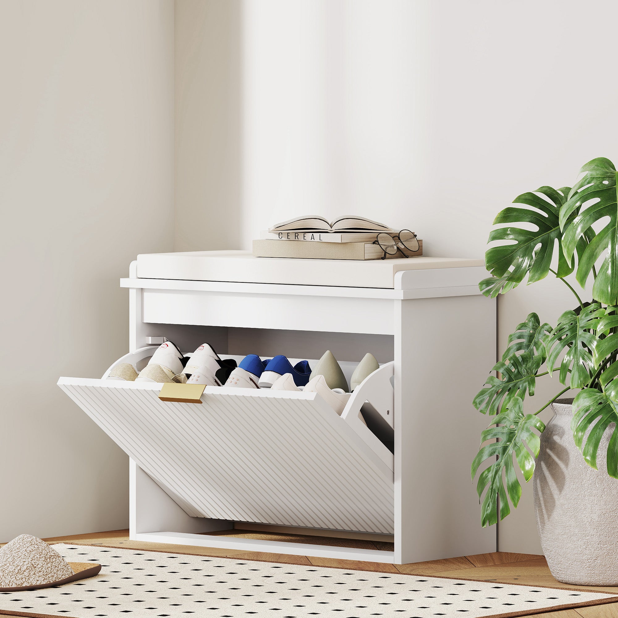Shoe Storage Bench with Padded Seat Cushion and Flip-Drawer, Entryway Bench, Shoe Cabinet, 24.4x10.2x18.7 Inches, White