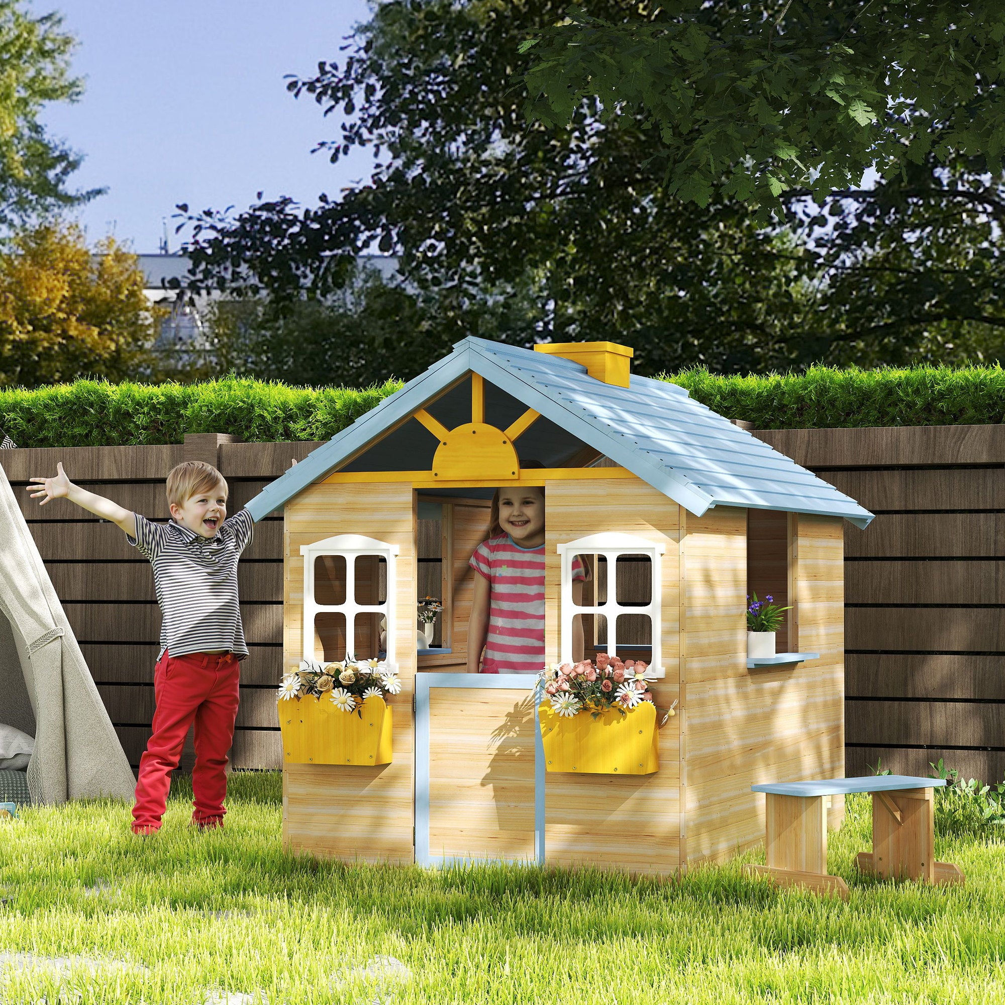 Wooden Playhouse for Kids Outdoor Garden with Working Door, Windows, Bench, Service Station, Flowers Pot Holder, Blue