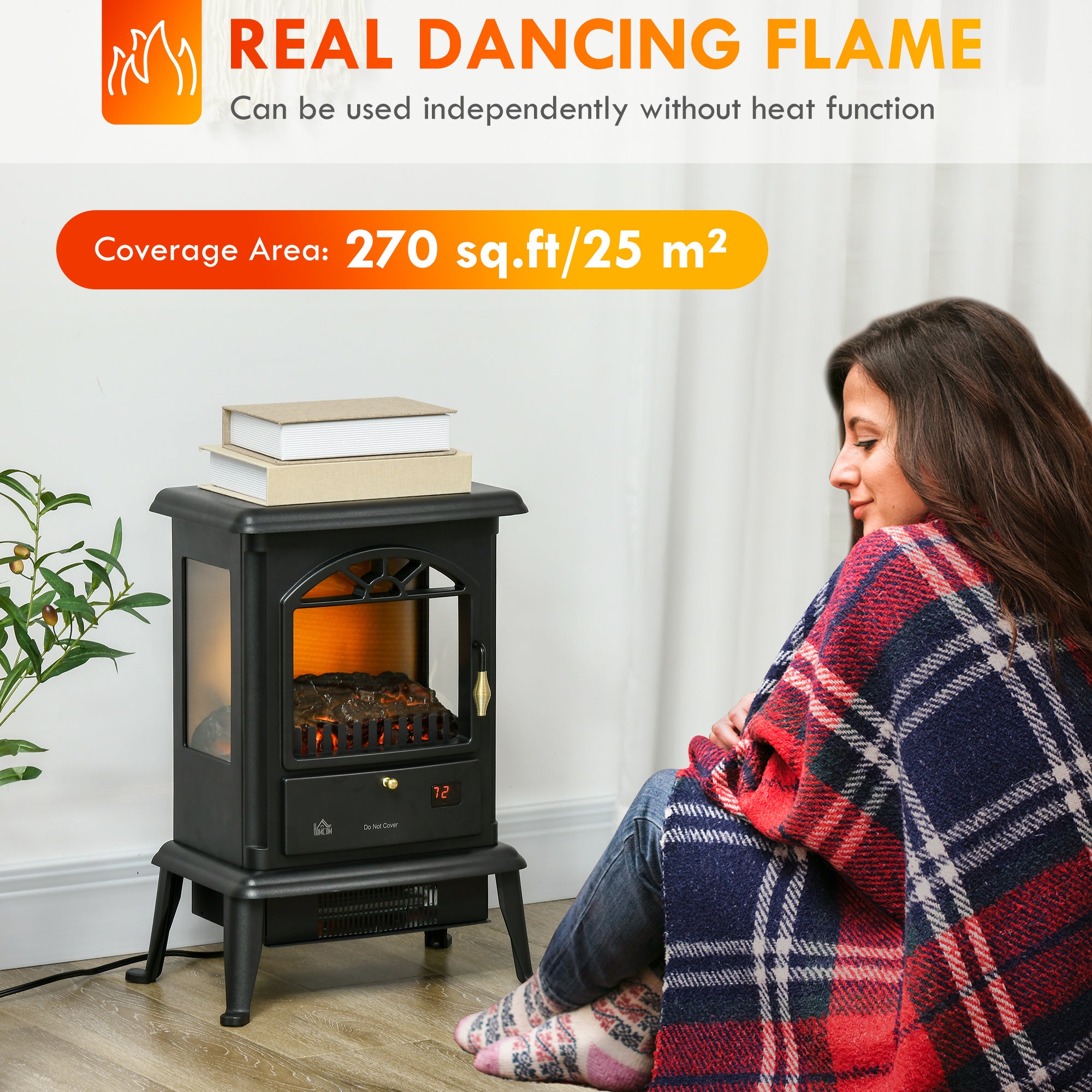 23" Electric Infrared Fireplace Stove, Freestanding Fire Place Heater with Realistic Log Flame, Timer, Black