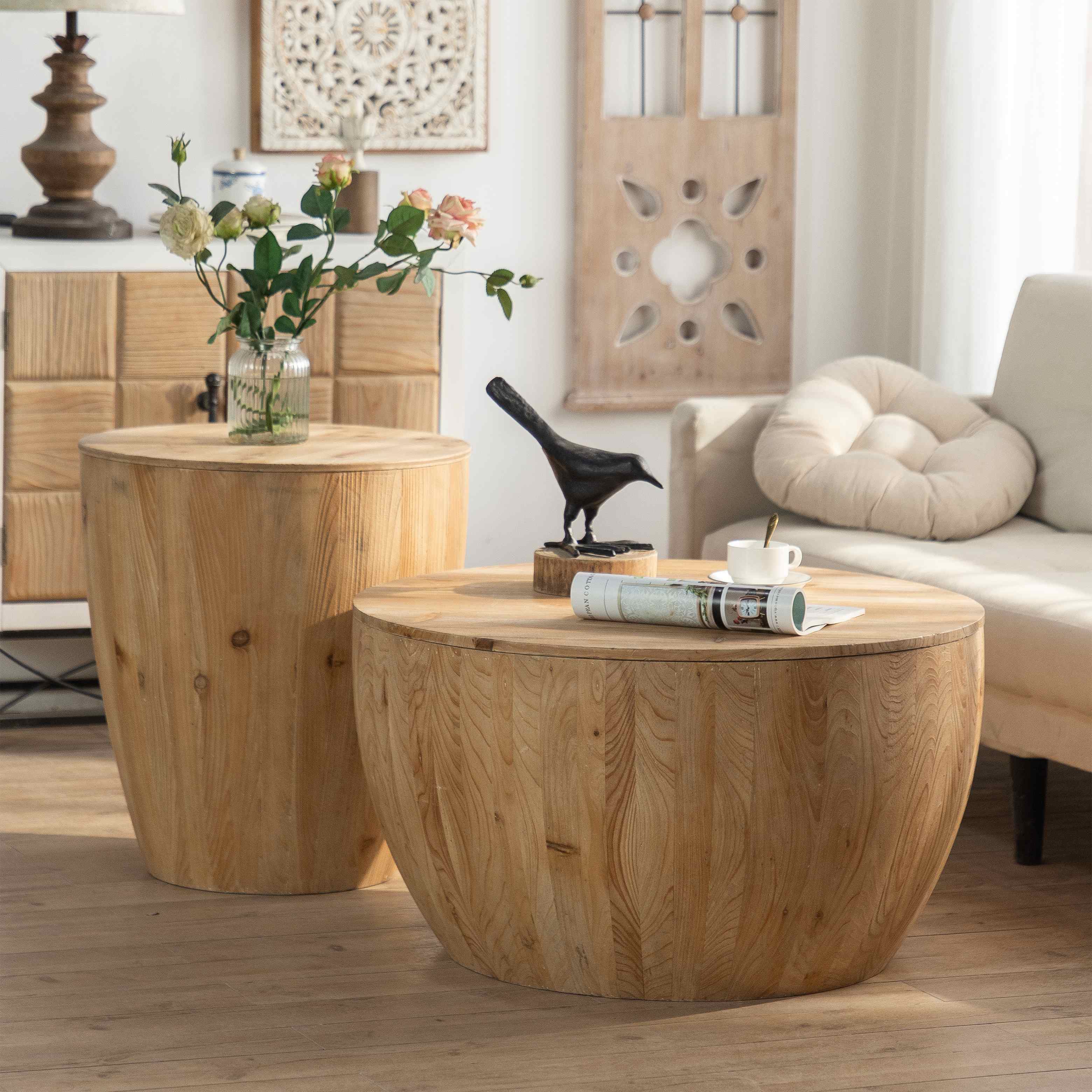 Vintage Style Barrel Shaped Coffee Table with Storage, Solid Fir Wood, 21.06" x 21.06" x 23.43", Natural