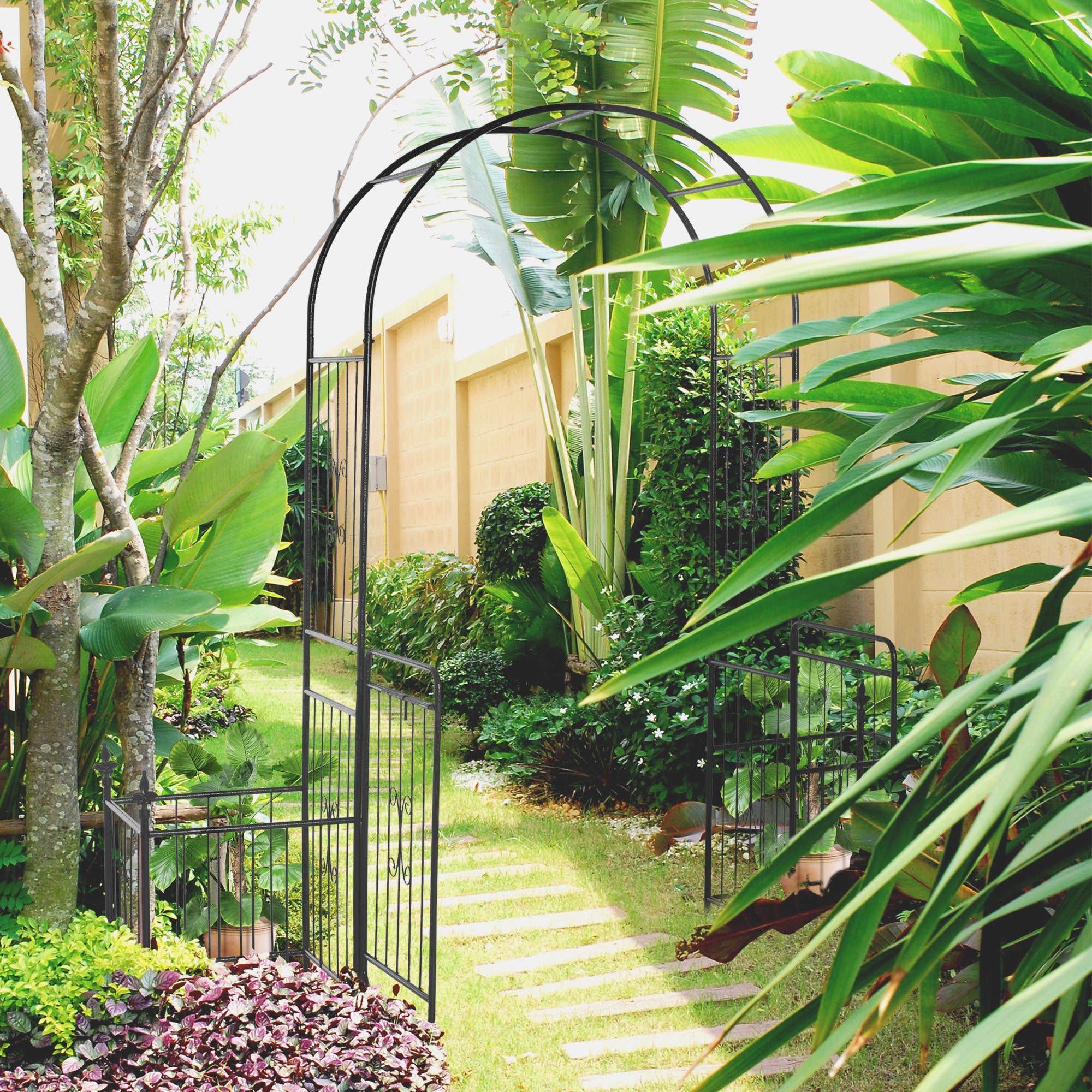86" Garden Arch Arbor, Metal Arch Trellis with Gate and Planter Baskets, Garden Archway for Climbing Vines, Wedding Ceremony Decoration, Flourishes & Arrow Tips, Black