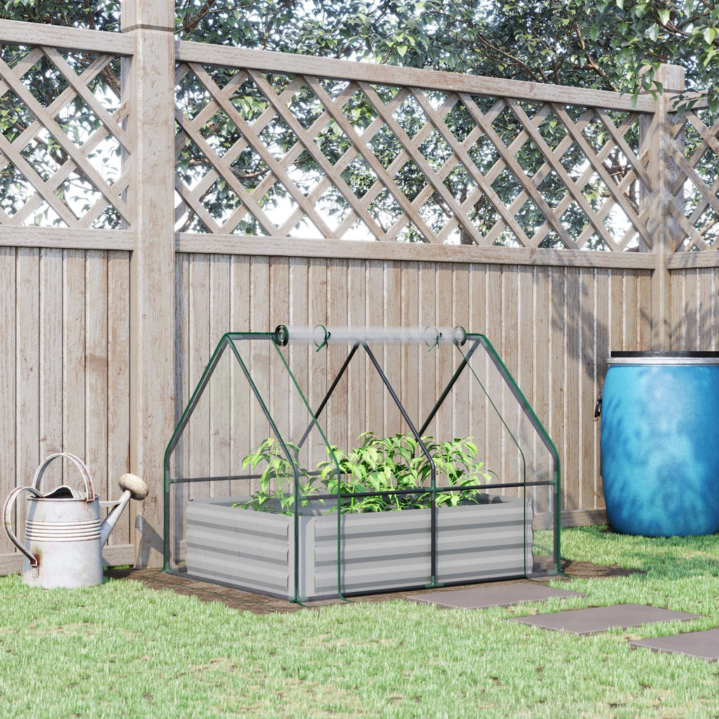 Raised Garden Bed with Cover, Outdoor Galvanized Metal Planter Box Kit, 4 x 3 ft Mini Greenhouse with 2 Large Screen Windows, for Growing Flowers, Vegetables and Herbs, Clear