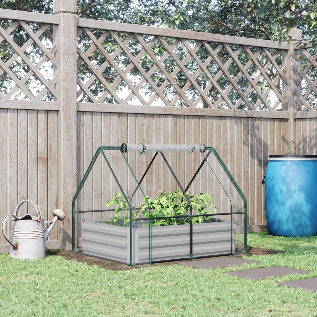 Raised Garden Bed with Cover, Outdoor Galvanized Metal Planter Box Kit, 4 x 3 ft Mini Greenhouse with 2 Large Screen Windows, for Growing Flowers, Vegetables and Herbs, Clear