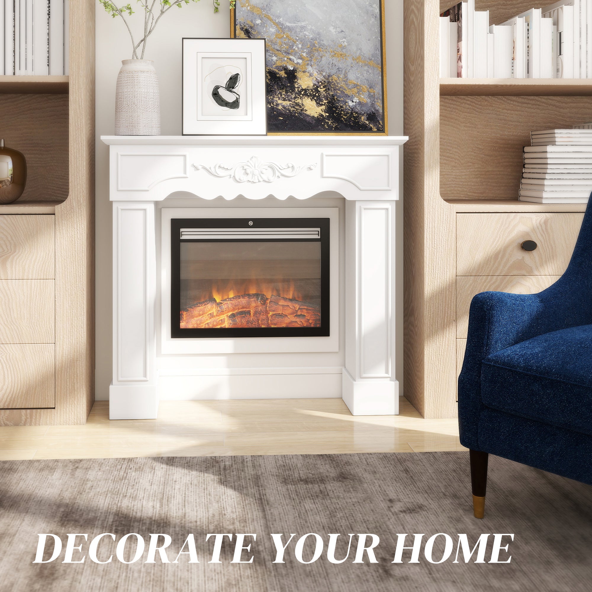 Baroque Fireplace Mantel, Freestanding Fireplace Surround with Leg for Electric Fireplaces, 43.3" W x 39.8" H, White