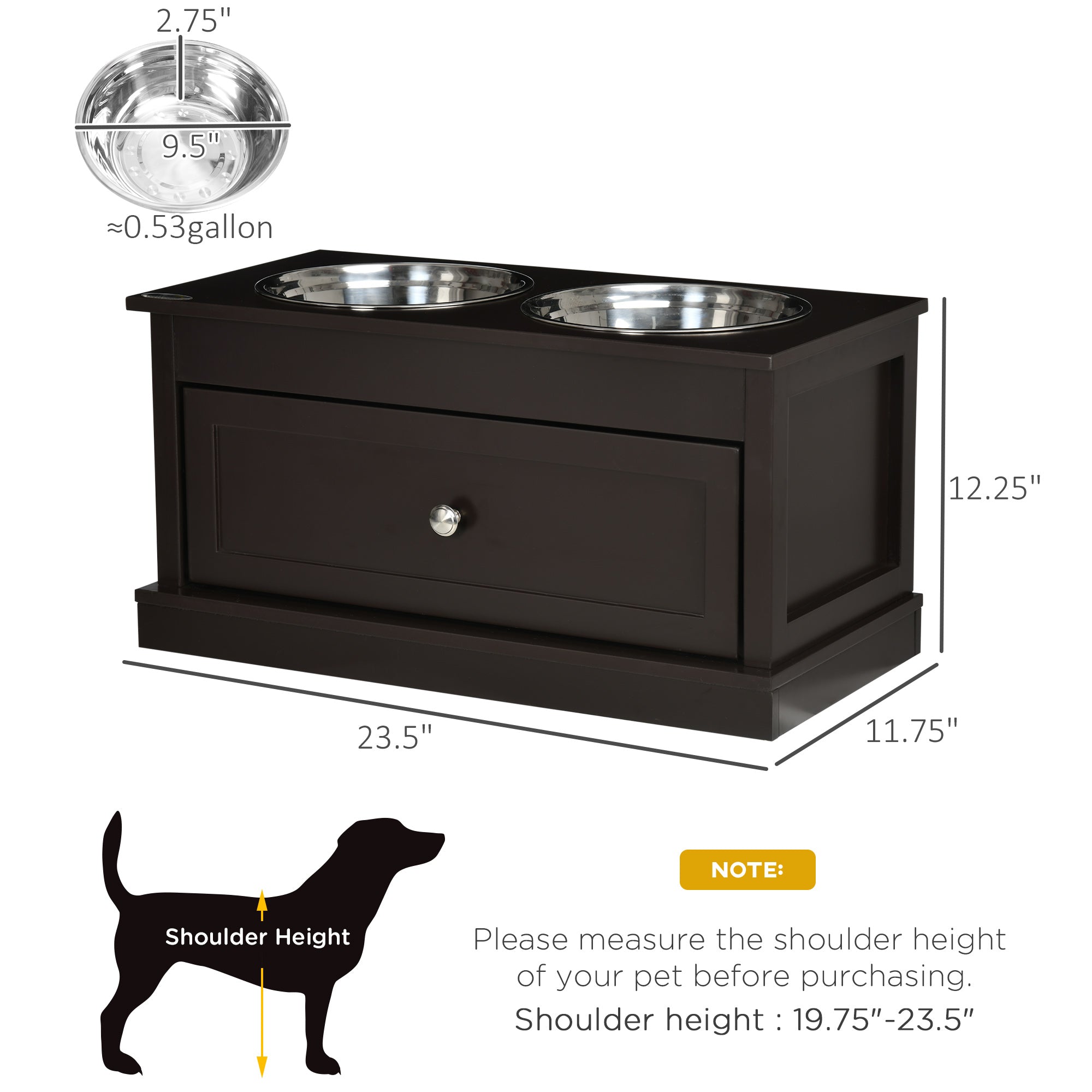 Large Elevated Dog Bowls with Storage Drawer Containing 11L Capacity, Raised Dog Bowl Stand Pet Food Bowl Dog Feeding Station, Brown
