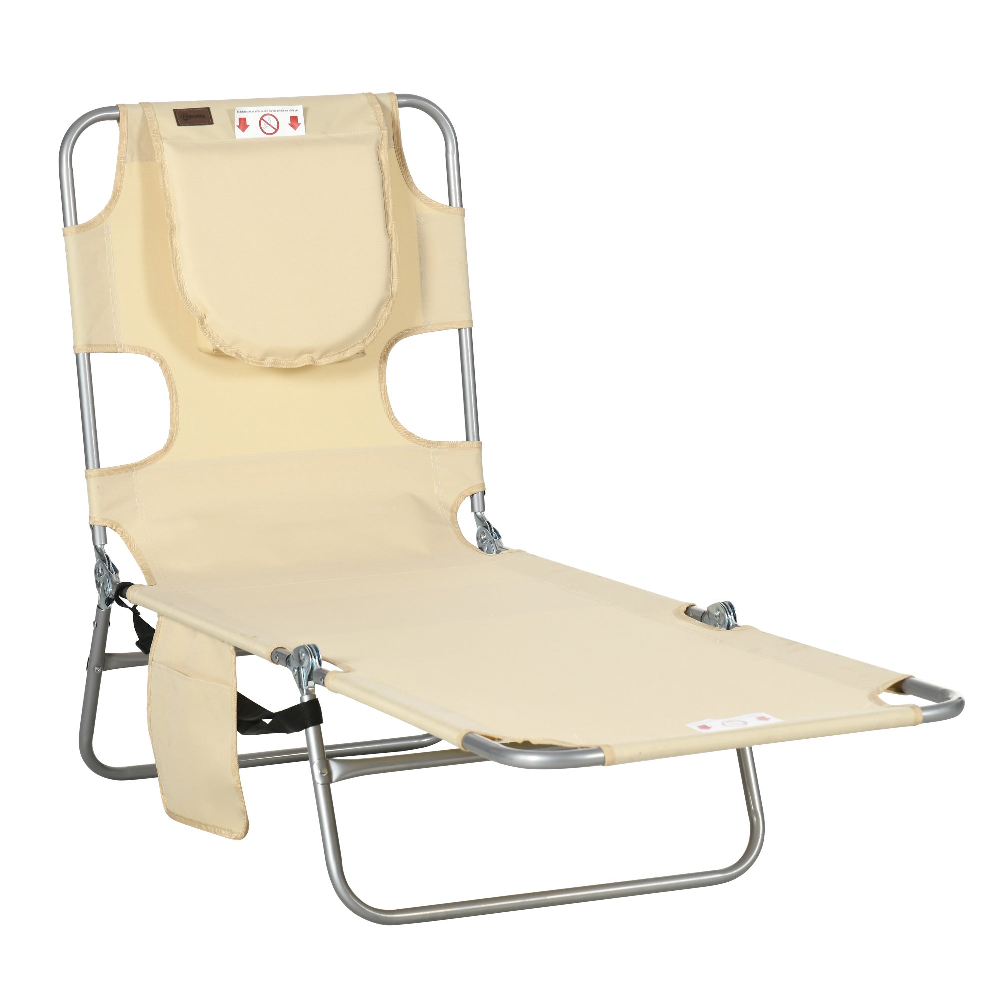 Tanning Chair with Face Hole, 5-Level Adjustable Outdoor Chaise Lounge Chair with Pillow for Beach, Pool, Beige