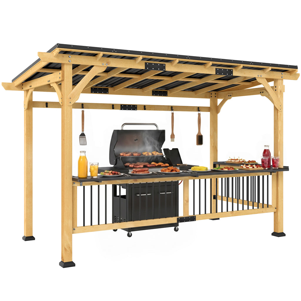 13' x 6' Wooden BBQ Grill Gazebo, Outdoor Hardtop Grill Gazebo with Metal Roof, 2 Bar Shelves and 6 Hooks, Natural