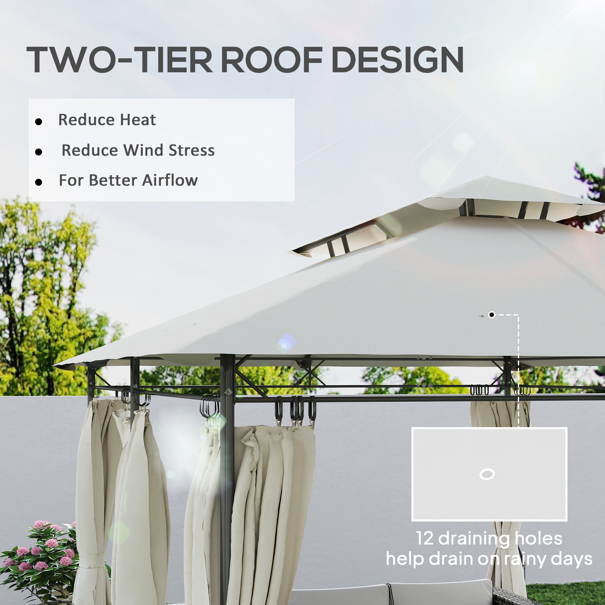 10' x 13' Double Roof Patio Gazebo, Outdoor Gazebo with Curtains, for Garden, Lawn, Backyard and Deck, Cream White