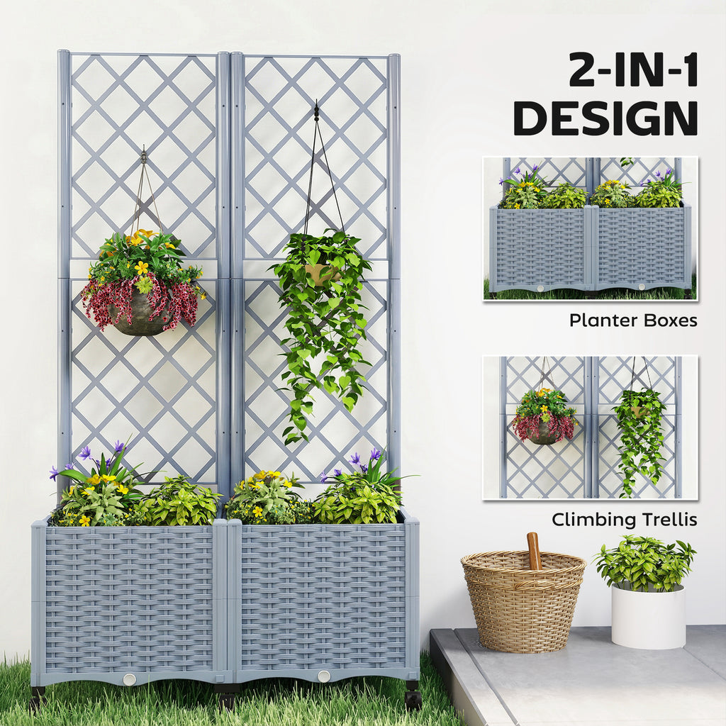 Planter Box with Trellis, Self Watering Raised Garden Bed with Lockable Wheels and Drainage Holes, Gray