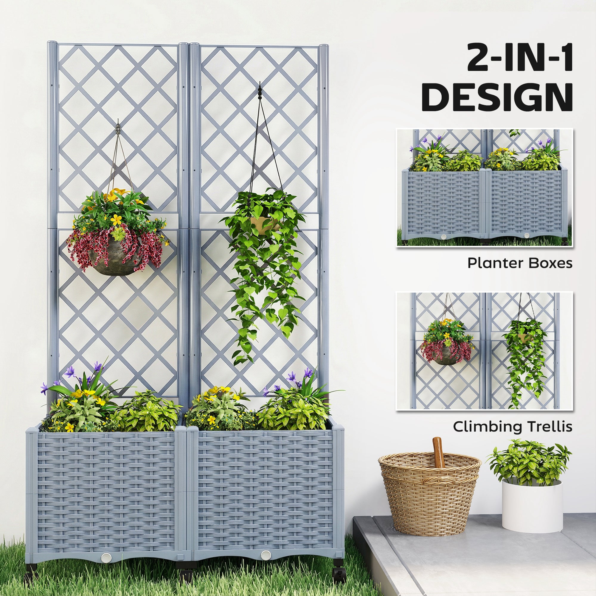 Planter Box with Trellis, Self Watering Raised Garden Bed with Lockable Wheels and Drainage Holes, Gray