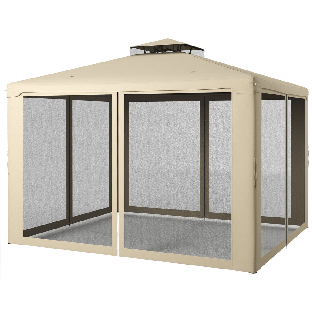 9.6' x 11.6' Patio Gazebo Outdoor Canopy Shelter with 2-Tier Roof and Netting, Steel Frame for Garden, Taupe