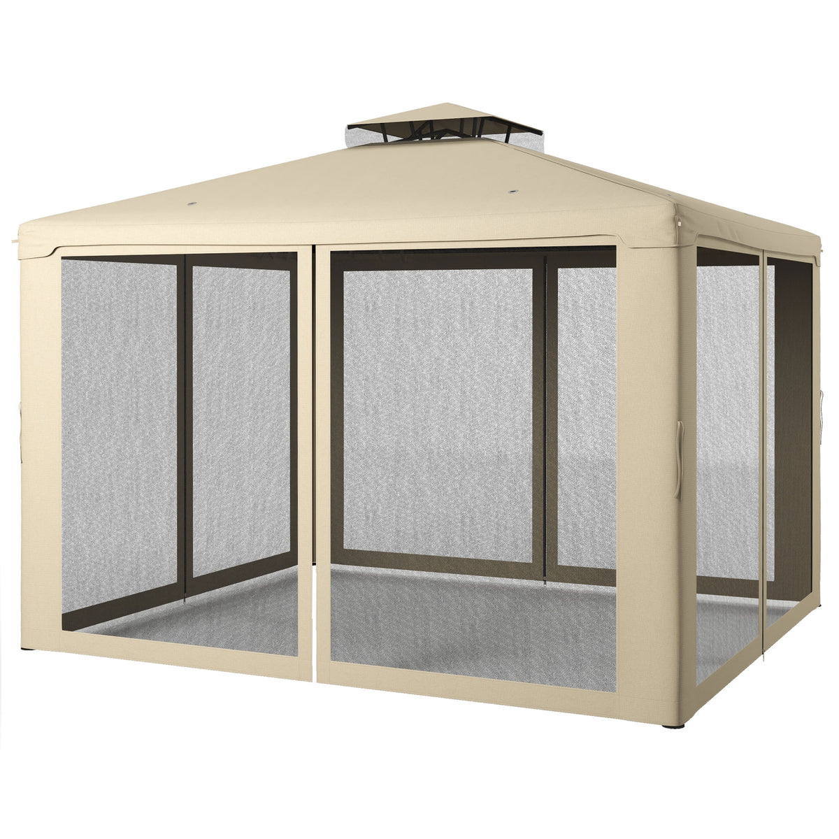 9.6' x 11.6' Patio Gazebo Outdoor Canopy Shelter with 2-Tier Roof and Netting, Steel Frame for Garden, Taupe