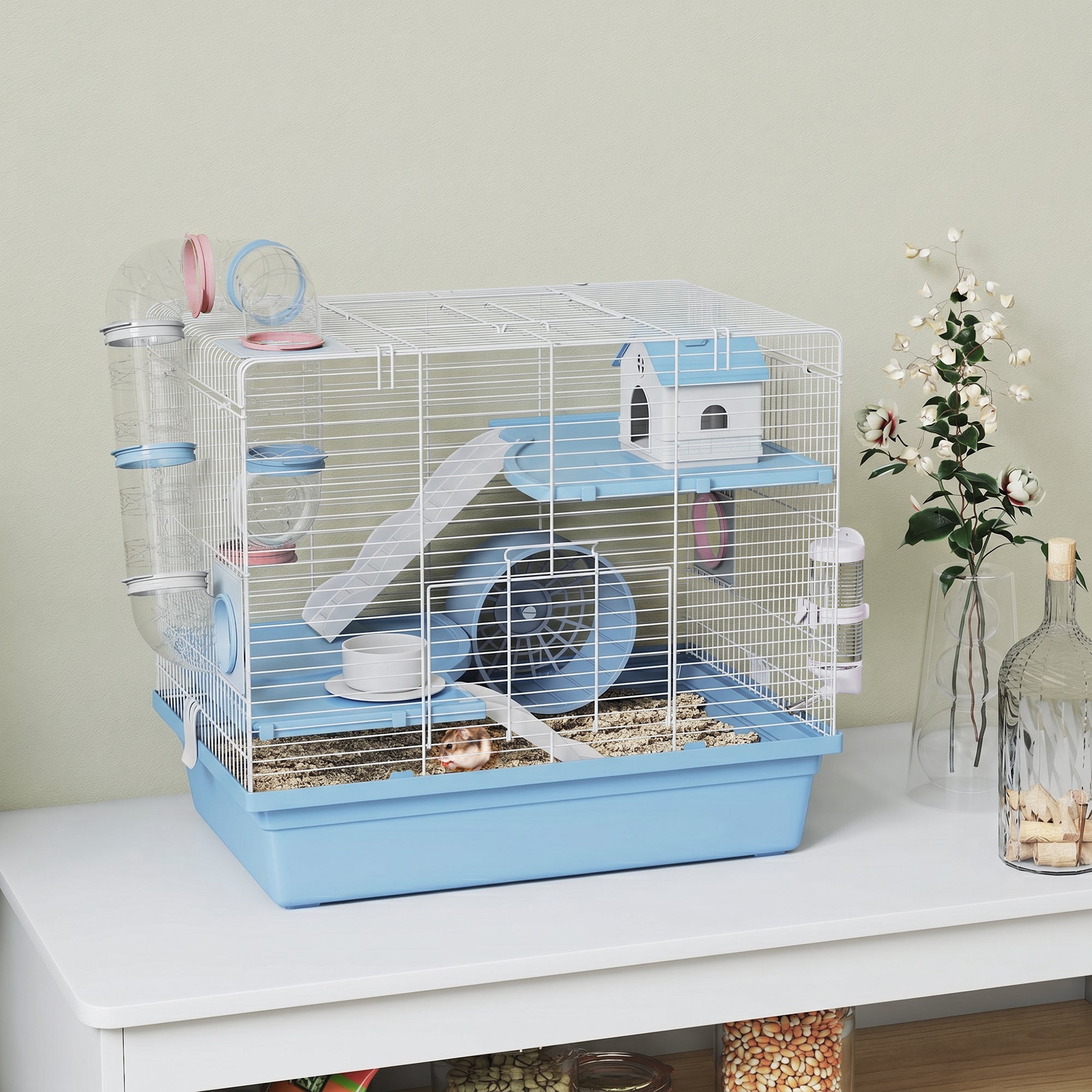 Hamster Cage, 3-Tier Small Animal Cage with Exercise Wheel, Food Bowl, Water Bottle, House, Tunnels, Ramps