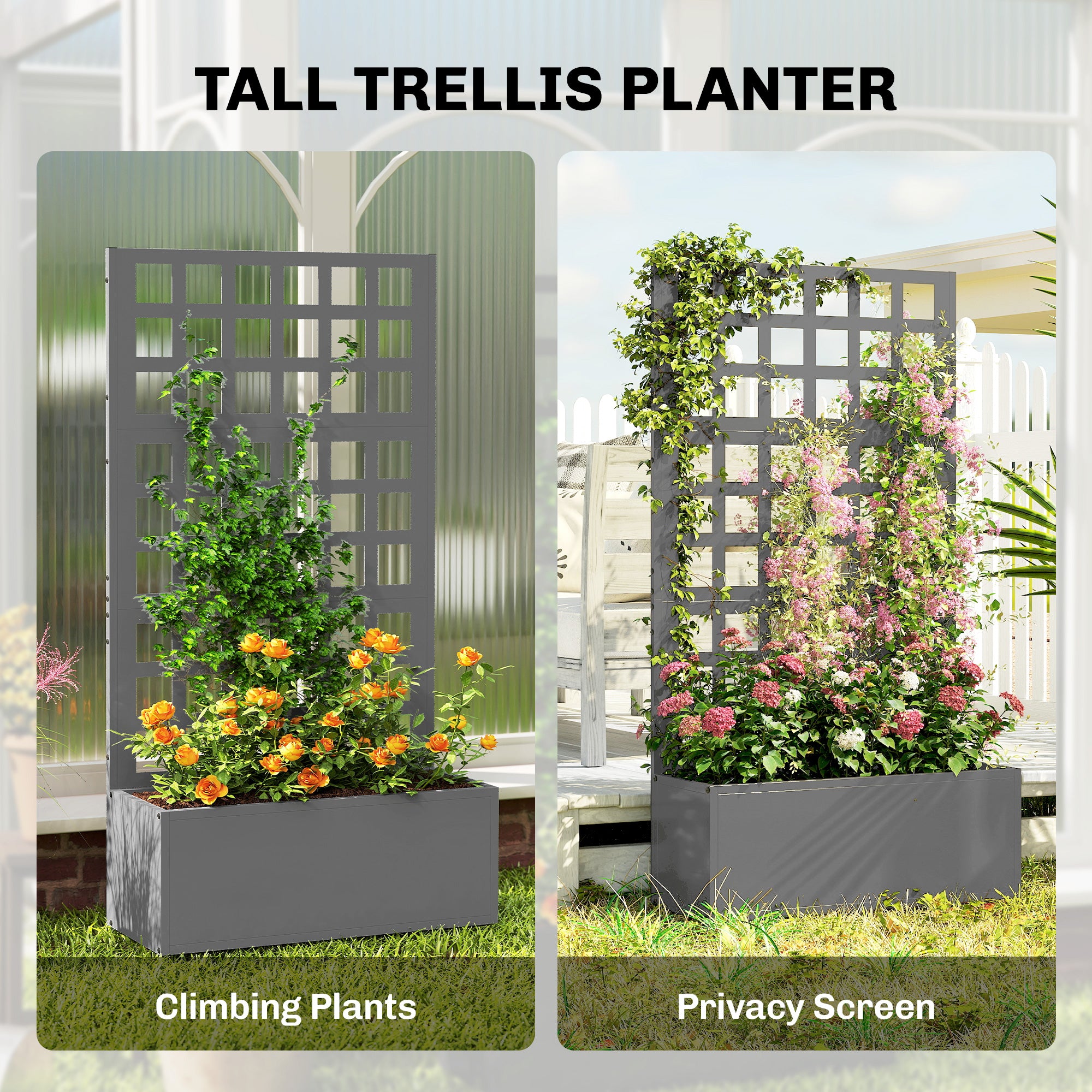 Galvanized Raised Garden Bed Planter Box with Trellis for Climbing Plants, Vegetable, Vines, 24" x 9" x 44.5", Gray