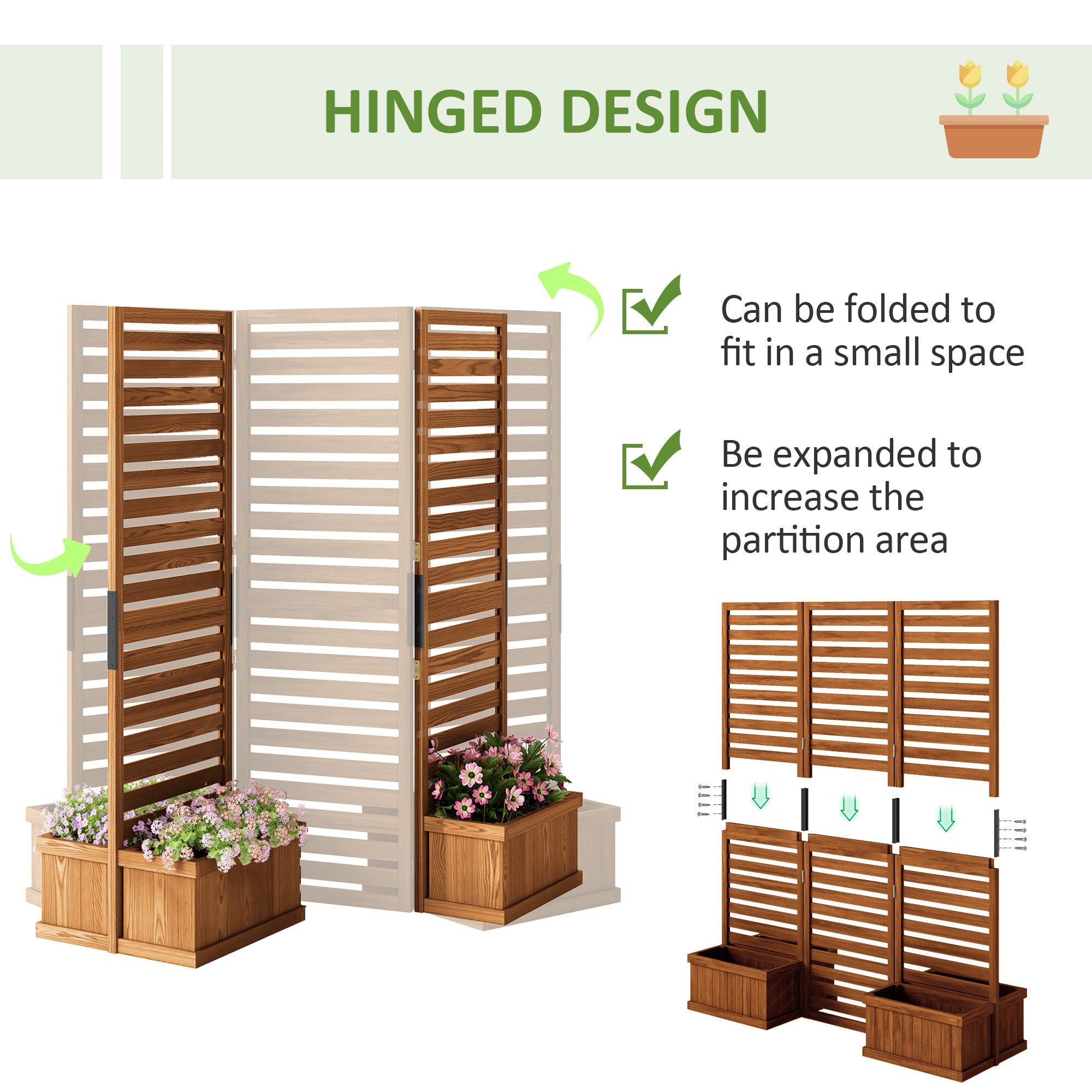 62.5" x 19" x 66" Wood Panel Trellis w/ 4 Planter Box Raised Bed for Garden Natural Wood