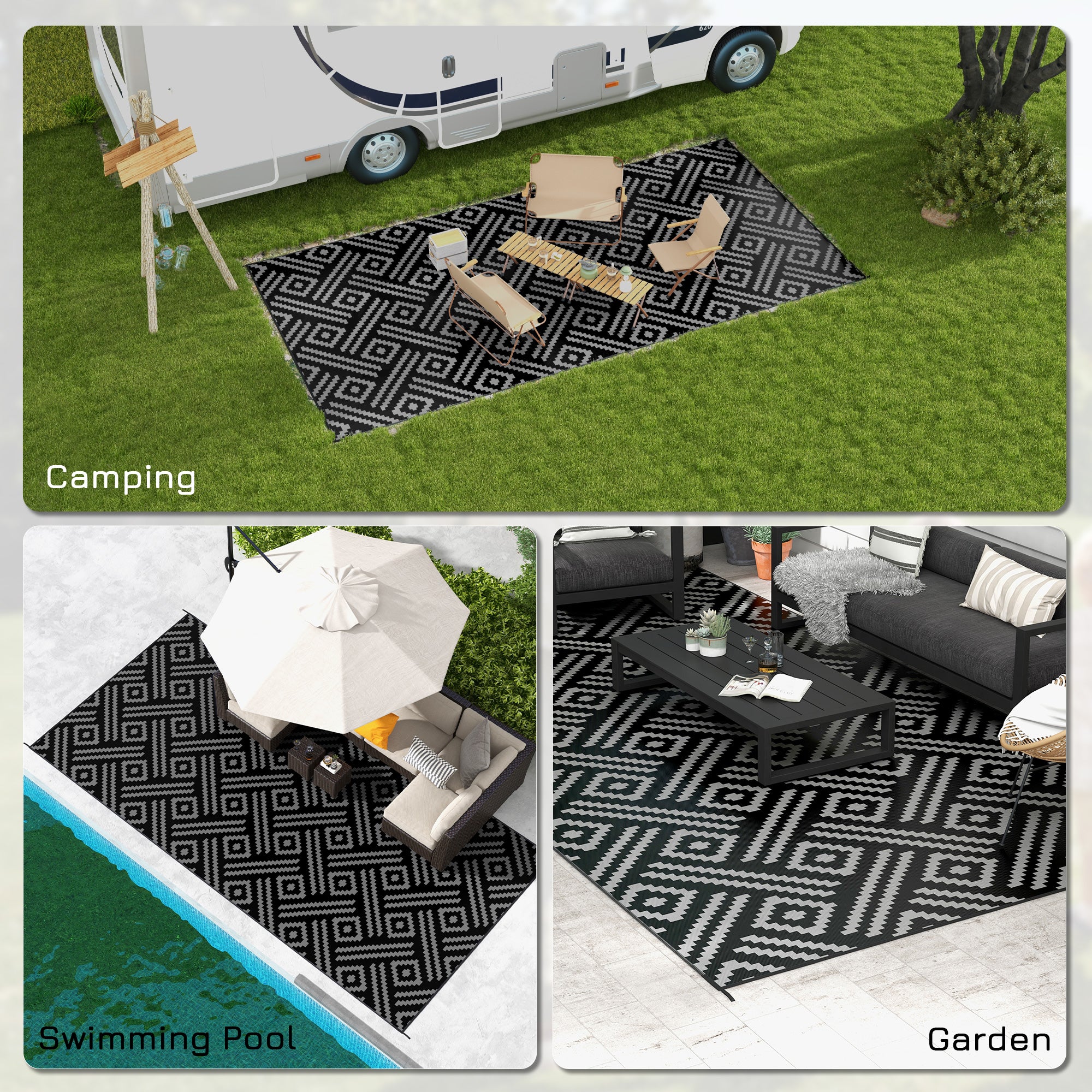 Reversible Outdoor Rug Carpet RV Camping Rugs with Carry Bag, 9' x 18', Black & Gray Geometric