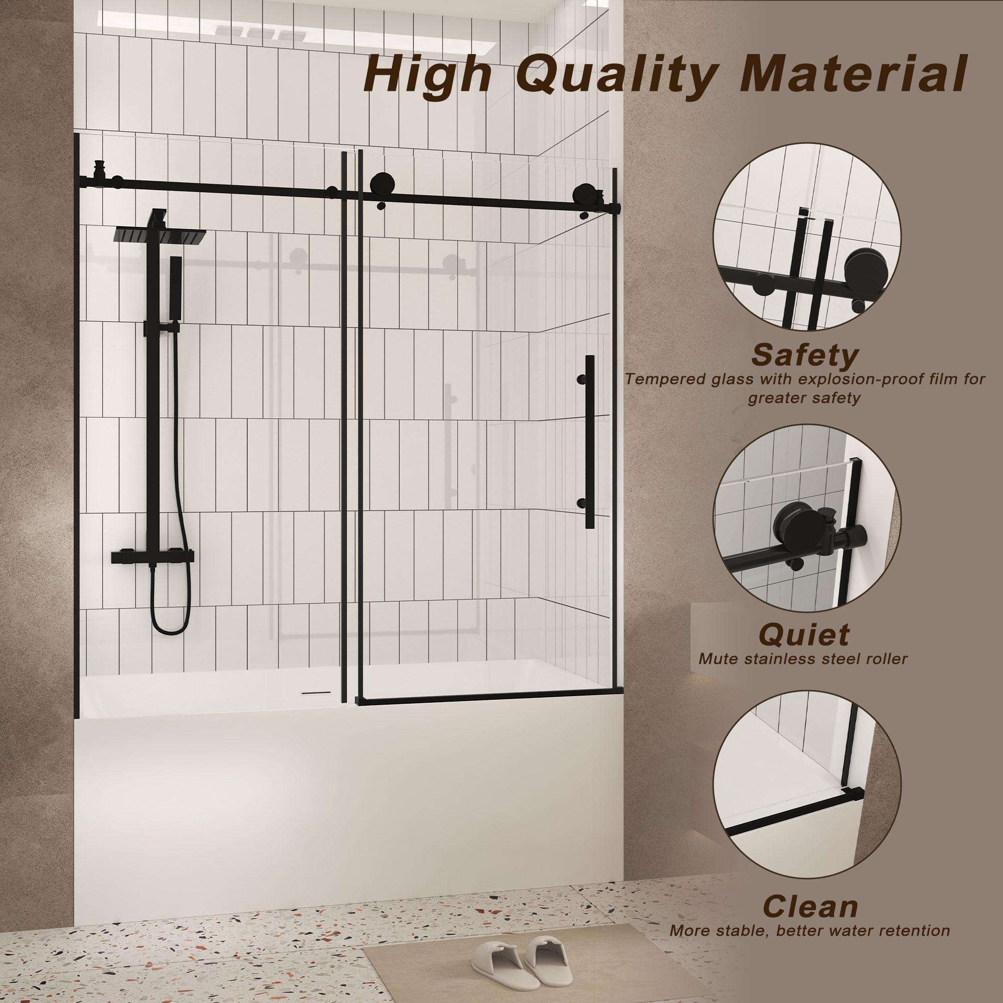 Frameless Sliding Shower Door with Smooth Quiet Stainless Steel Rollers & Round Tracks, Panel for Bathroom, 60" L x 0.5" W x 60" H, Matte Black