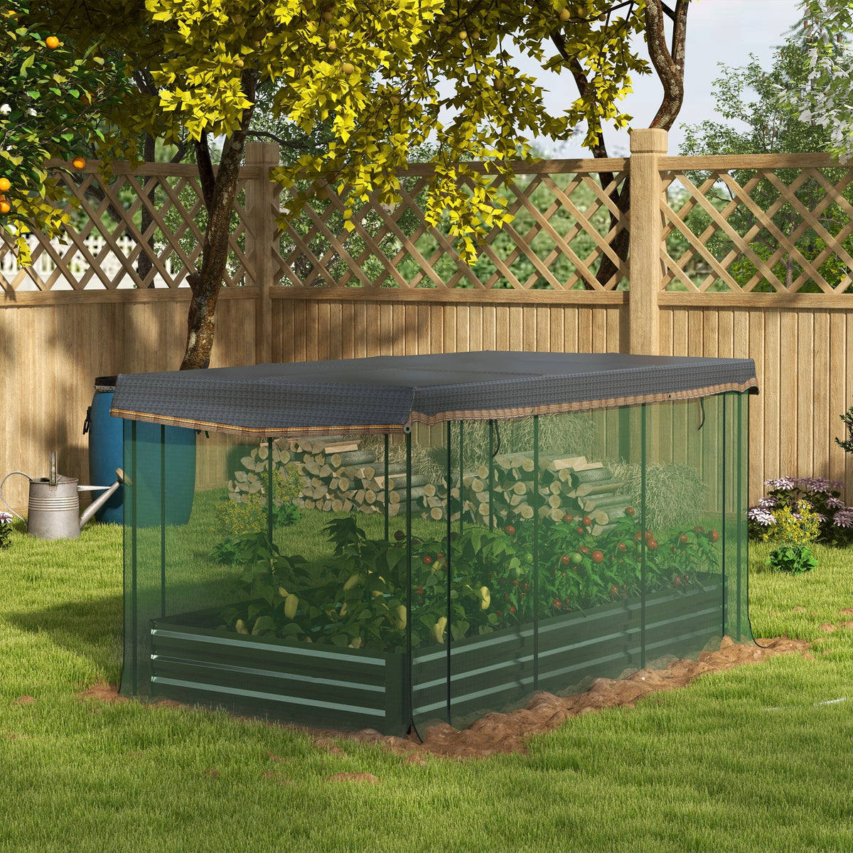 Galvanized Steel Planter Box with Crop Cage and Shade Cloth, Raised Garden Bed for Flowers, Veggies and Herbs, Gray