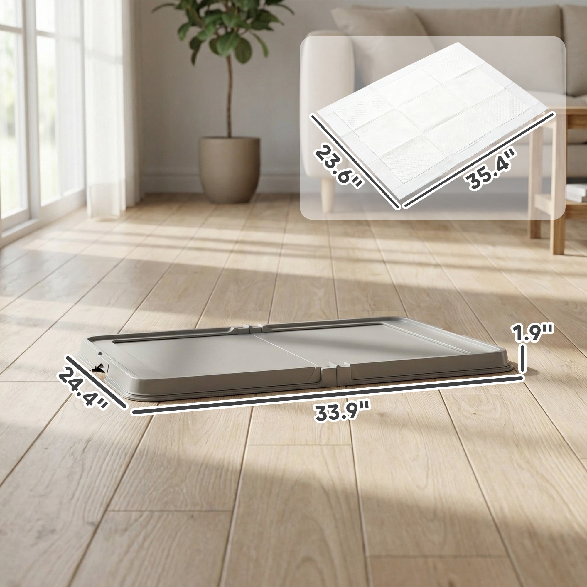 Pee Pad Holder Foldable Dog Litter Box with 3 Disposable Pads, 33.9" x 24.4", Gray