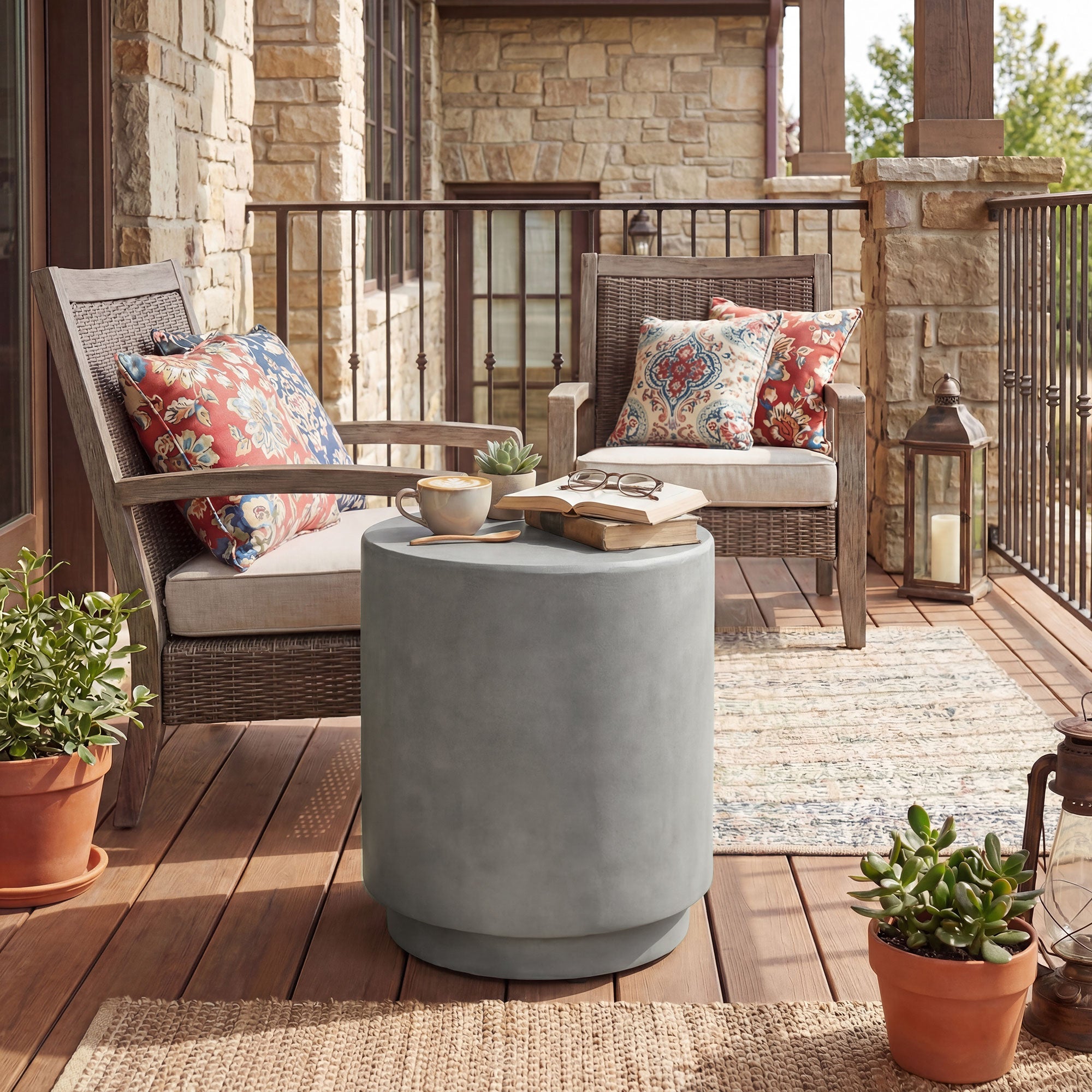 Lightweight Accent Table with Concrete Finish Round Side Table, Light Gray