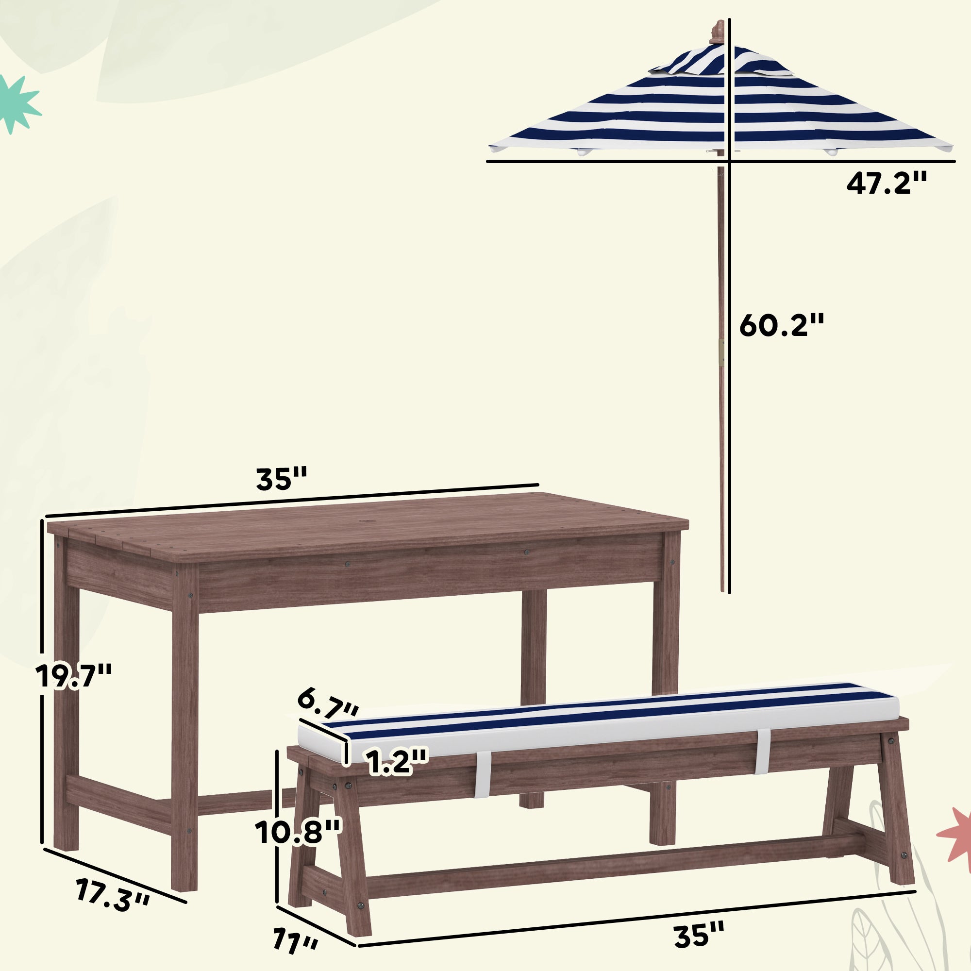 Outdoor Wooden Kids Picnic Table & Bench Set with Cushions and Umbrella, for Patio, Garden, Navy Blue