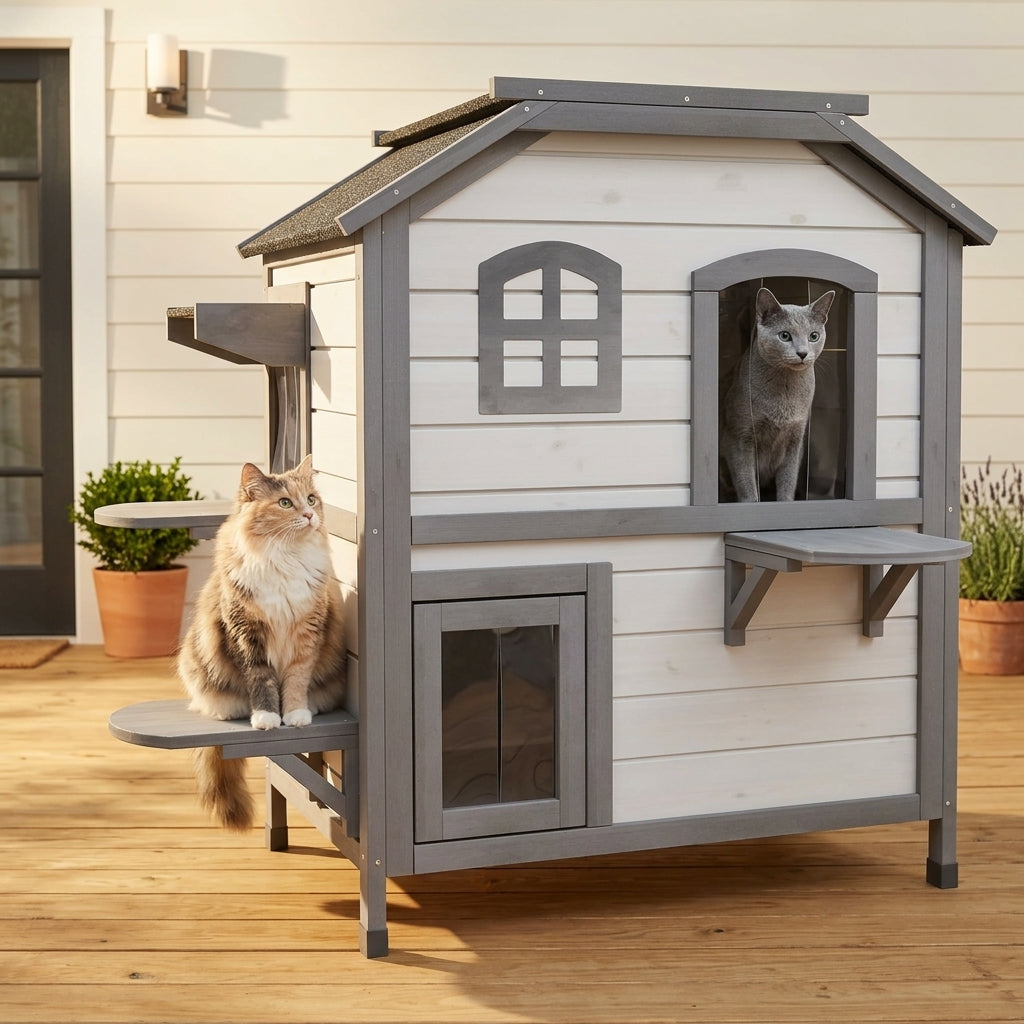 Wooden 2-Story Outdoor Cat House, Feral Cat Shelter Kitten Condo with Openable Asphalt Roof and 4 Platforms, White