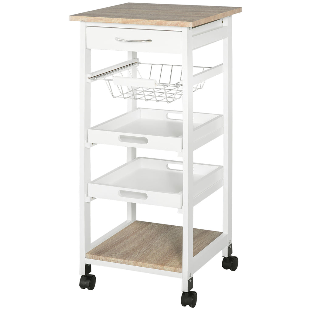 Mobile Kitchen Cart, Rolling Kitchen Island with Storage, Utility Cart with Wire Fruit Baskets, Trays and Drawer, White
