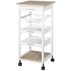Mobile Kitchen Cart, Rolling Kitchen Island with Storage, Utility Cart with Wire Fruit Baskets, Trays and Drawer, White