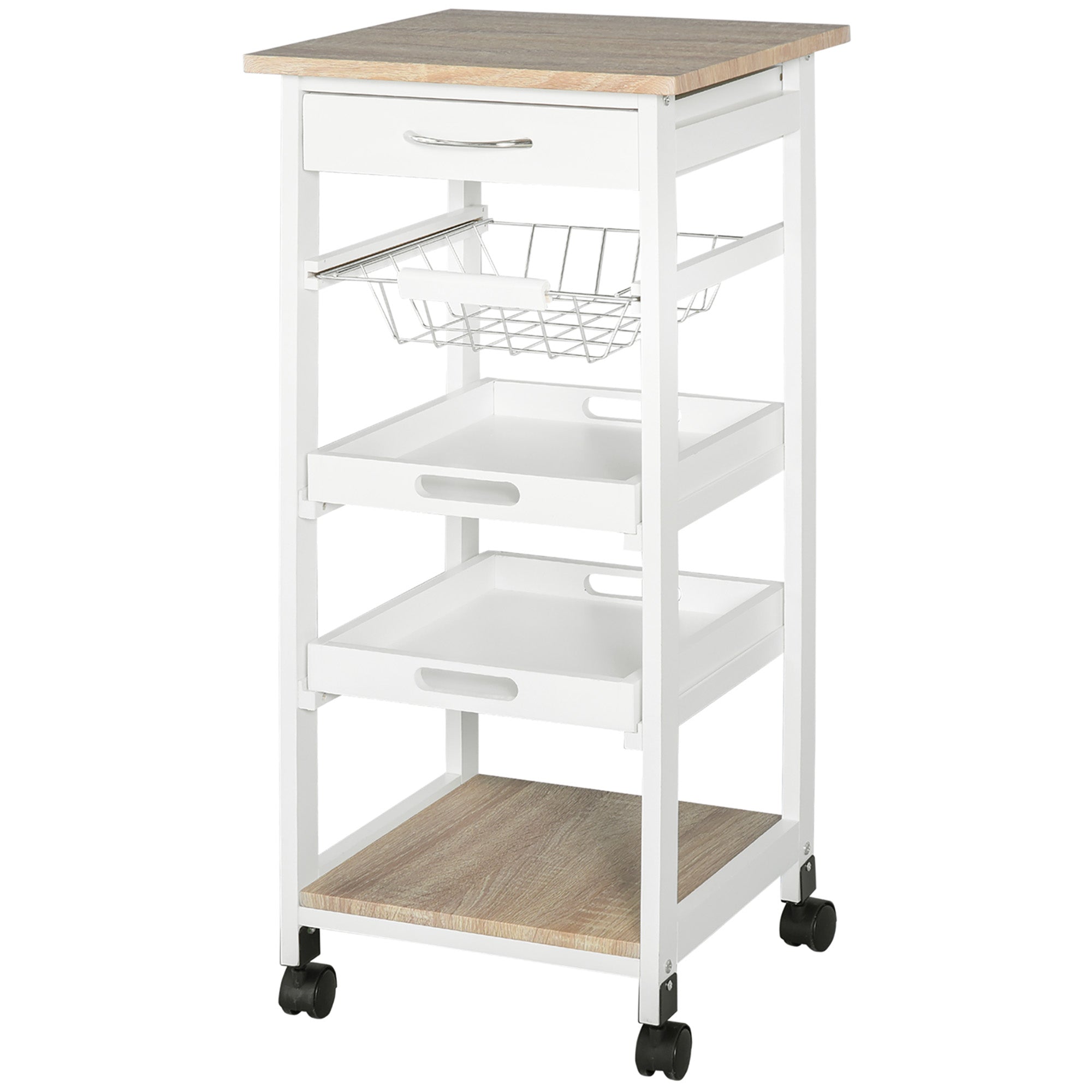 Mobile Kitchen Cart, Rolling Kitchen Island with Storage, Utility Cart with Wire Fruit Baskets, Trays and Drawer, White