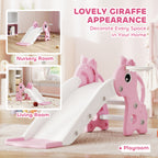 3-in-1 Toddler Slide for Age 1-3, Freestanding Kids Slide with Climber, Basketball Hoop and Ball, Giraffe Design, Pink