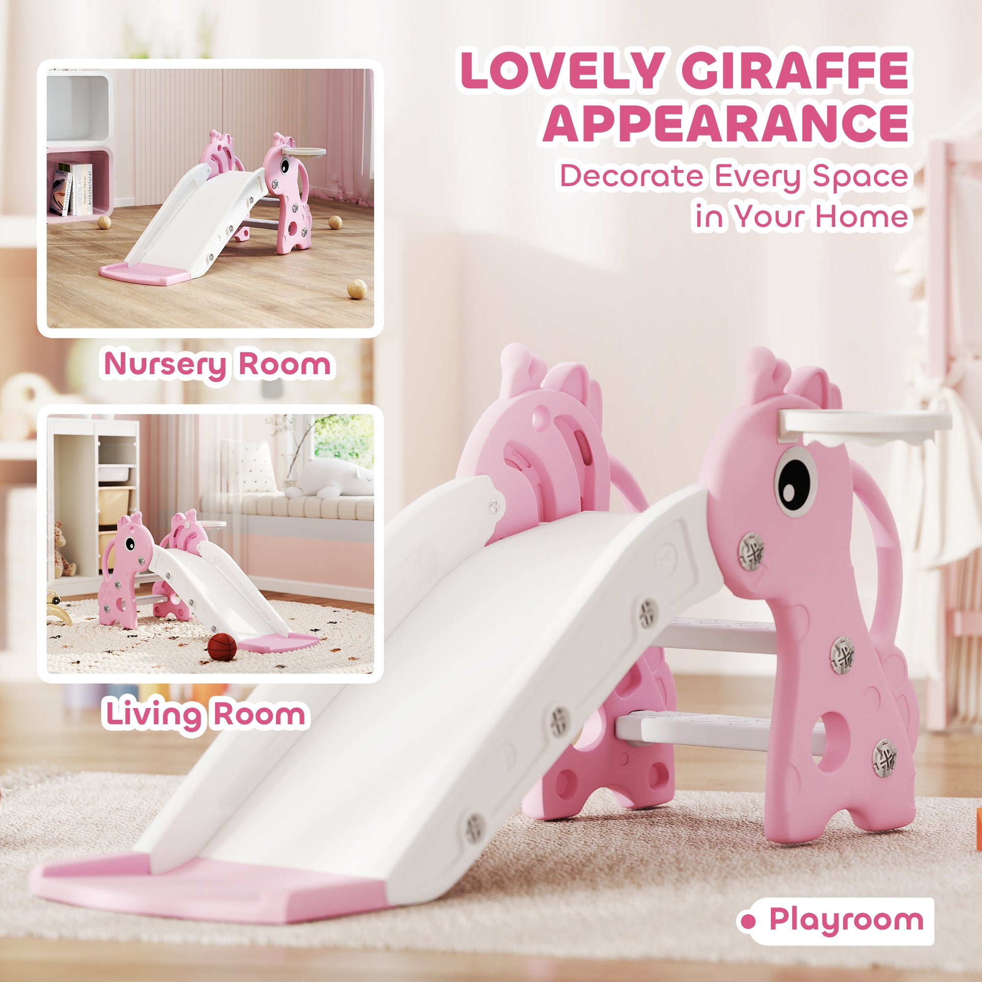 3-in-1 Toddler Slide for Age 1-3, Freestanding Kids Slide with Climber, Basketball Hoop and Ball, Giraffe Design, Pink