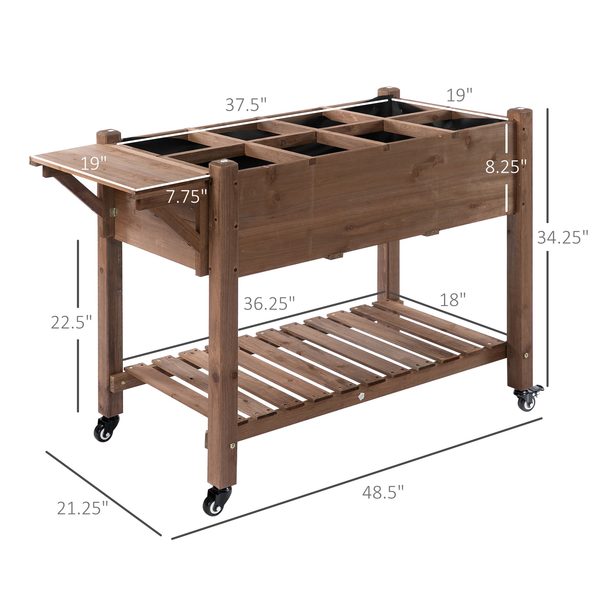 Wooden Garden Box, 34.25H with 8 Pockets and Lockable Wheels, Foldable Side Clapboard, Elevated and Self-Draining Design, to Grow Herbs, Vegetables, and Flowers, Brown