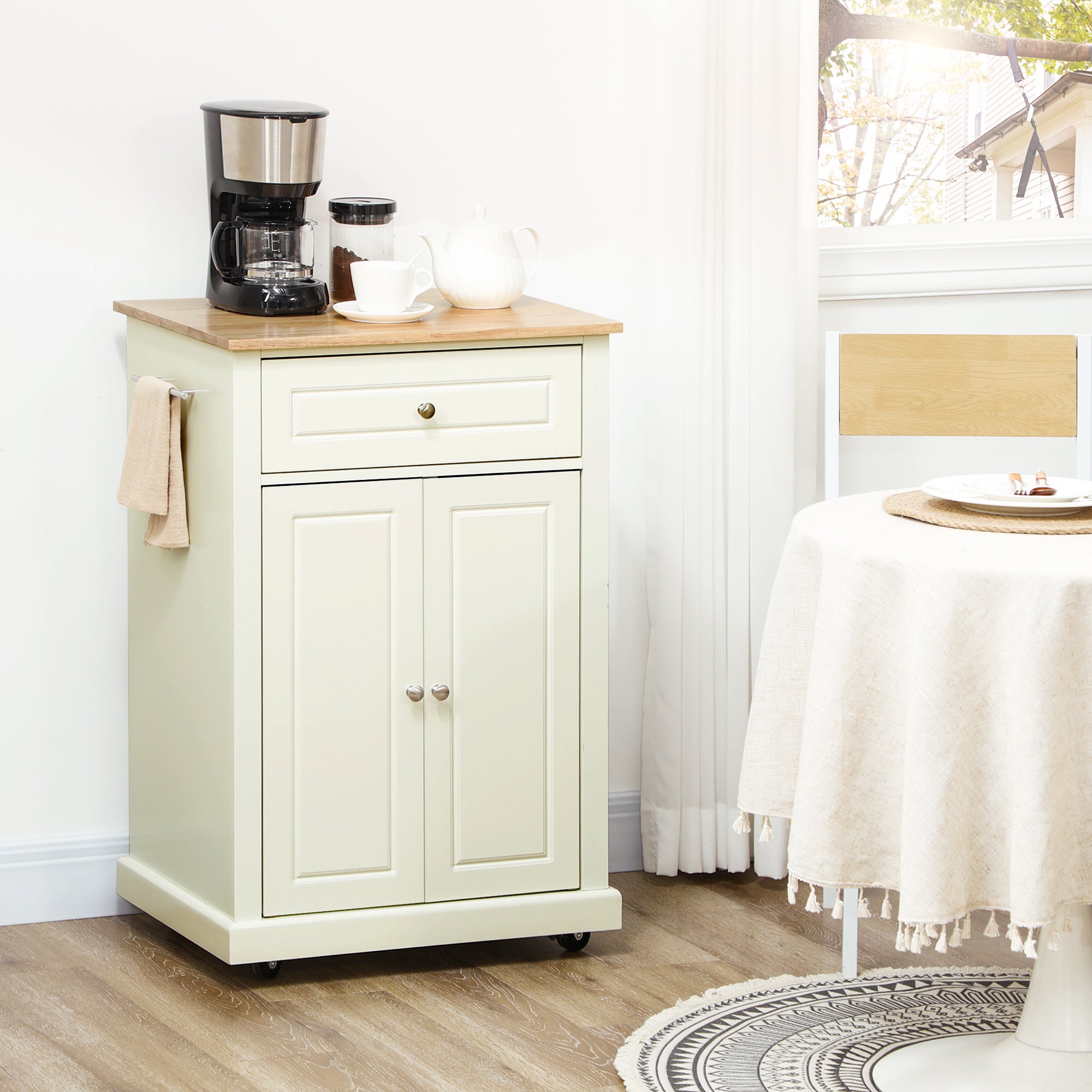 Rolling Kitchen Island Cart, Portable Serving Trolley Table with Drawer, Adjustable Shelf and 2 Towel Racks, Cream White