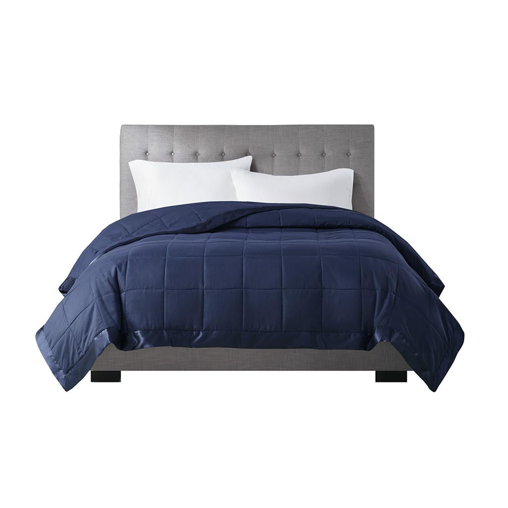 Hypoallergenic Lightweight Down Alternative Blanket with Satin Trim, 3M Scotchgard Treatment, Ideal for All Seasons, 90" L x 90" W x 0.25" H, Navy