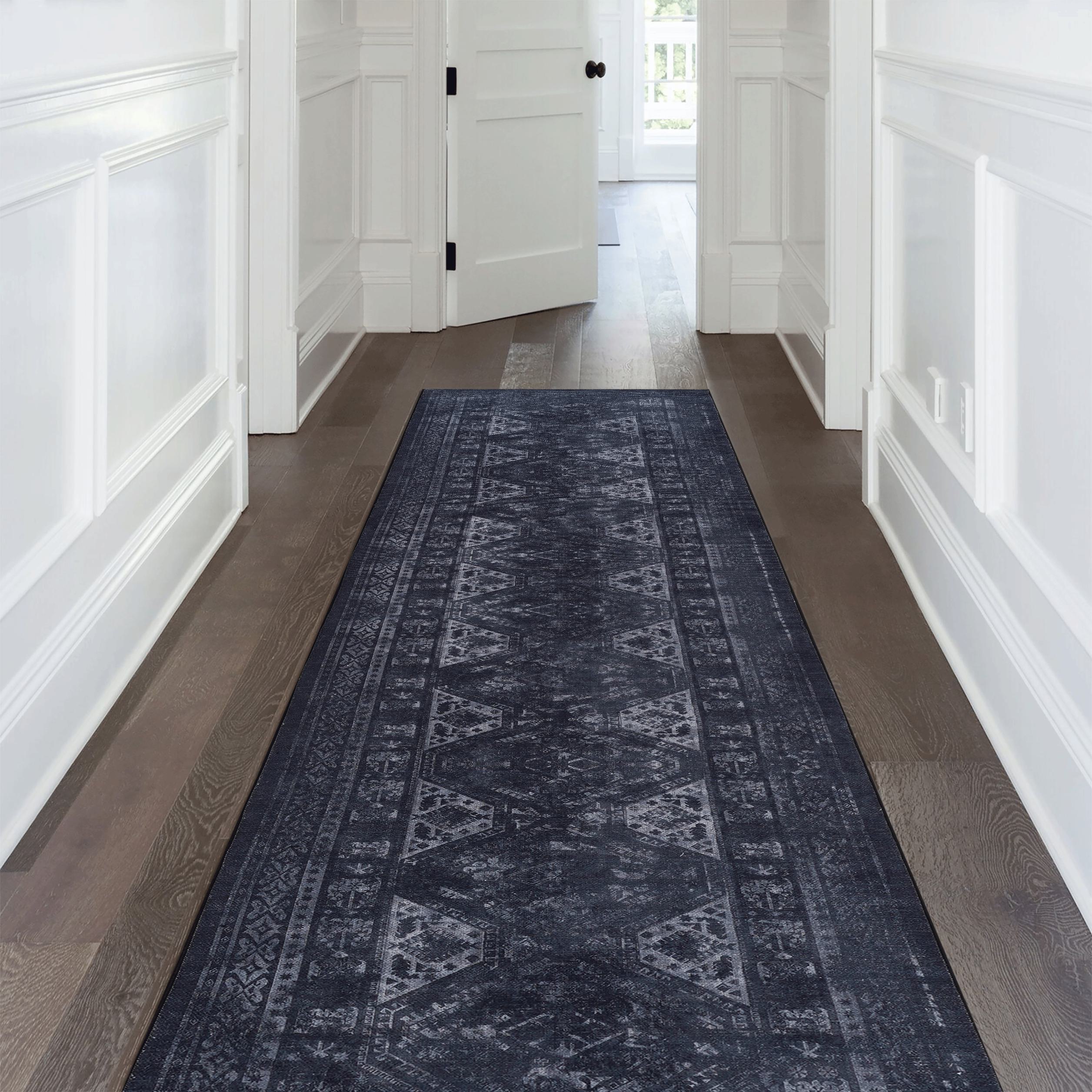 2x10 Low-Pile Non-Slip Non-Shedding Washable Area Rug, Kid and Pet Friendly, Foldable for Living Room, Bedroom, Dining Room, Black+Gray