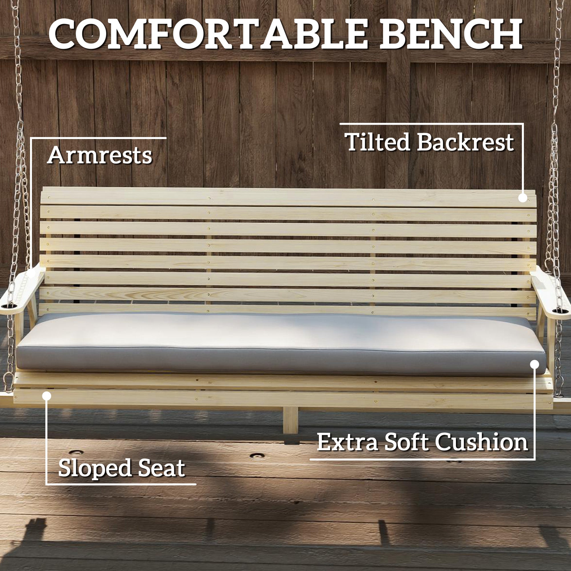 3 Seat Wooden Porch Swing with Stand, Patio Swing with Cushion, for Garden, Poolside, Backyard, Natural Wood