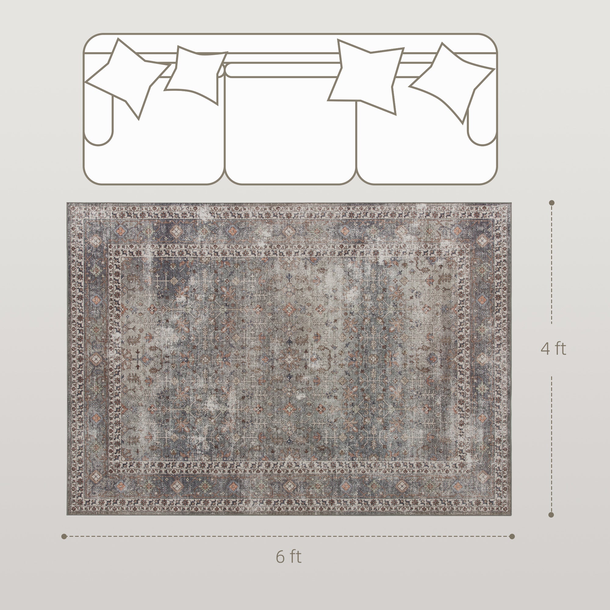 Machine Washable Area Rug 4x6, Non-Slip Traditional Floor Cover Foldable Carpet for Living Room, Dark Mixed-Brown