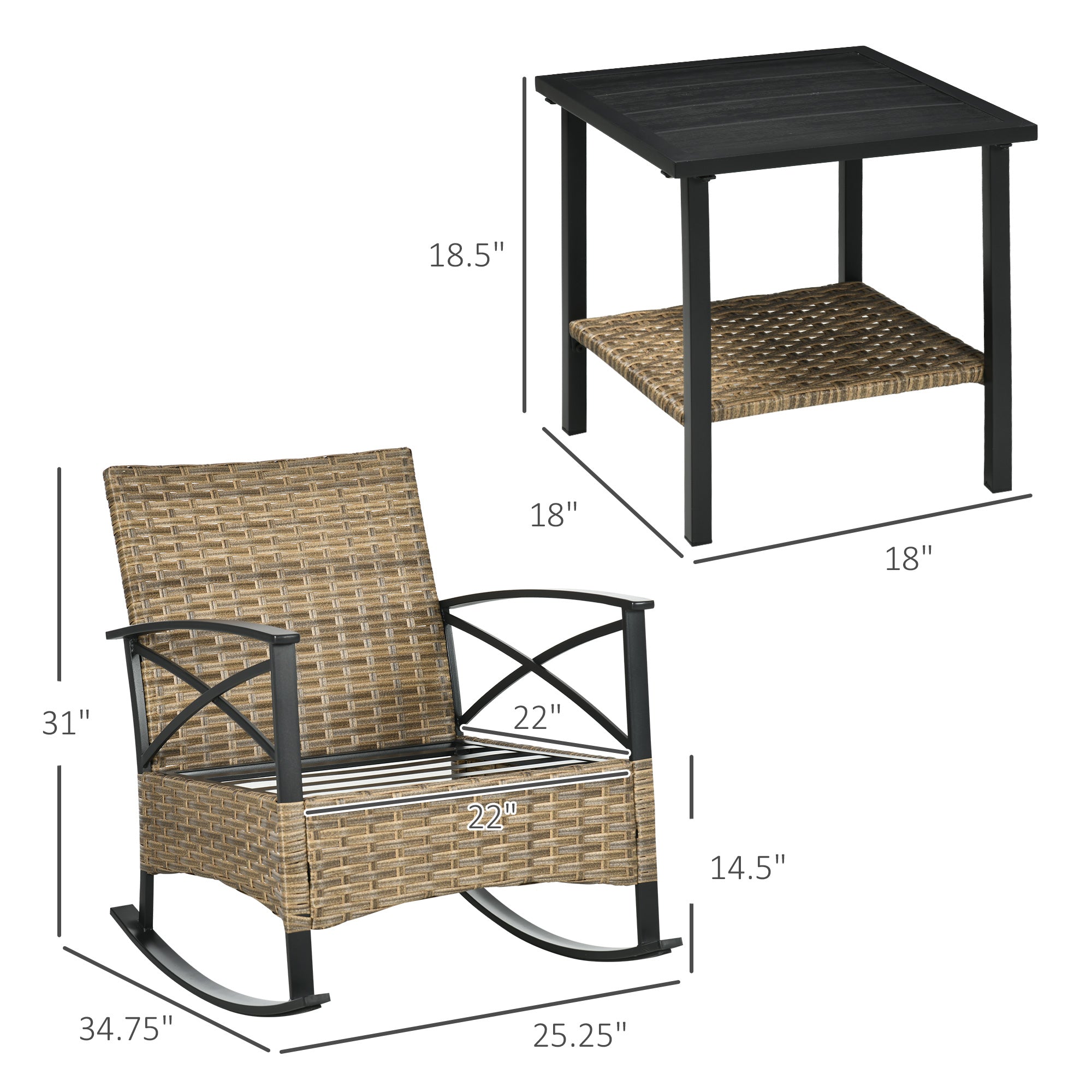 3 Piece Patio Rocking Chair Set, Outdoor Wicker Bistro Set with 2 Oversize Cushioned Porch Rockers and 2 Tier Coffee Table for Garden, Backyard, Light Gray