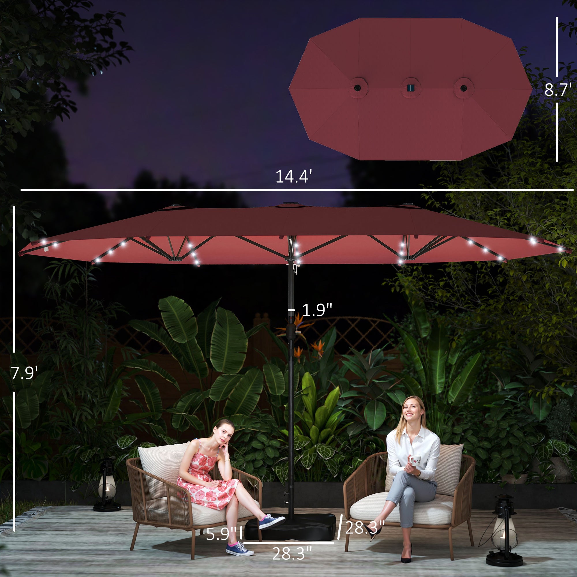 Garden Parasol 14.4ft Double-Sided Sun Umbrella with Base, Patio Parasol with LED Solar Lights, Wine Red
