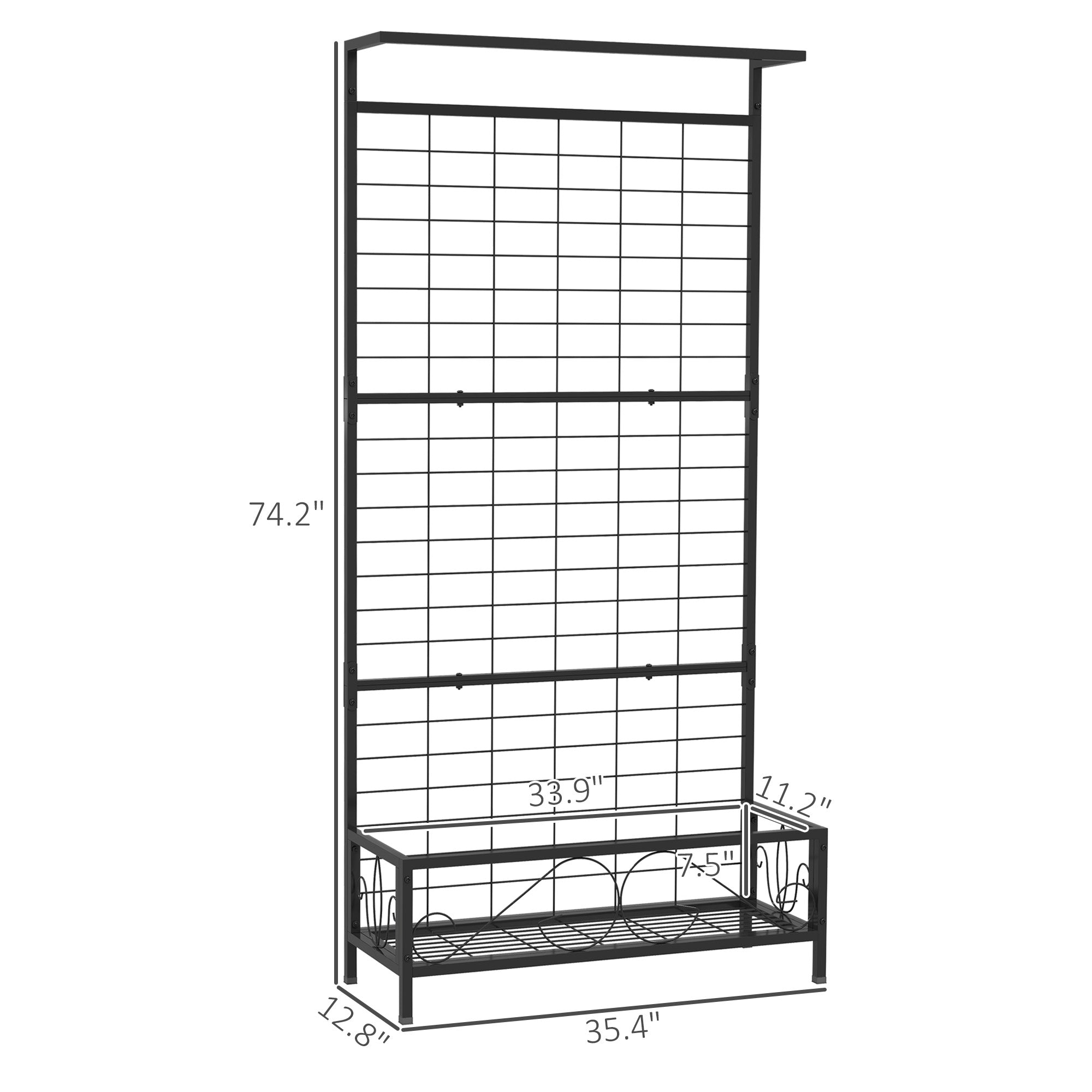 Metal Tall Plant Stand with Trellis and Hanging Bar, Plant Holder for Indoor Outdoor Use, 35" x 12.8" x 74", Black